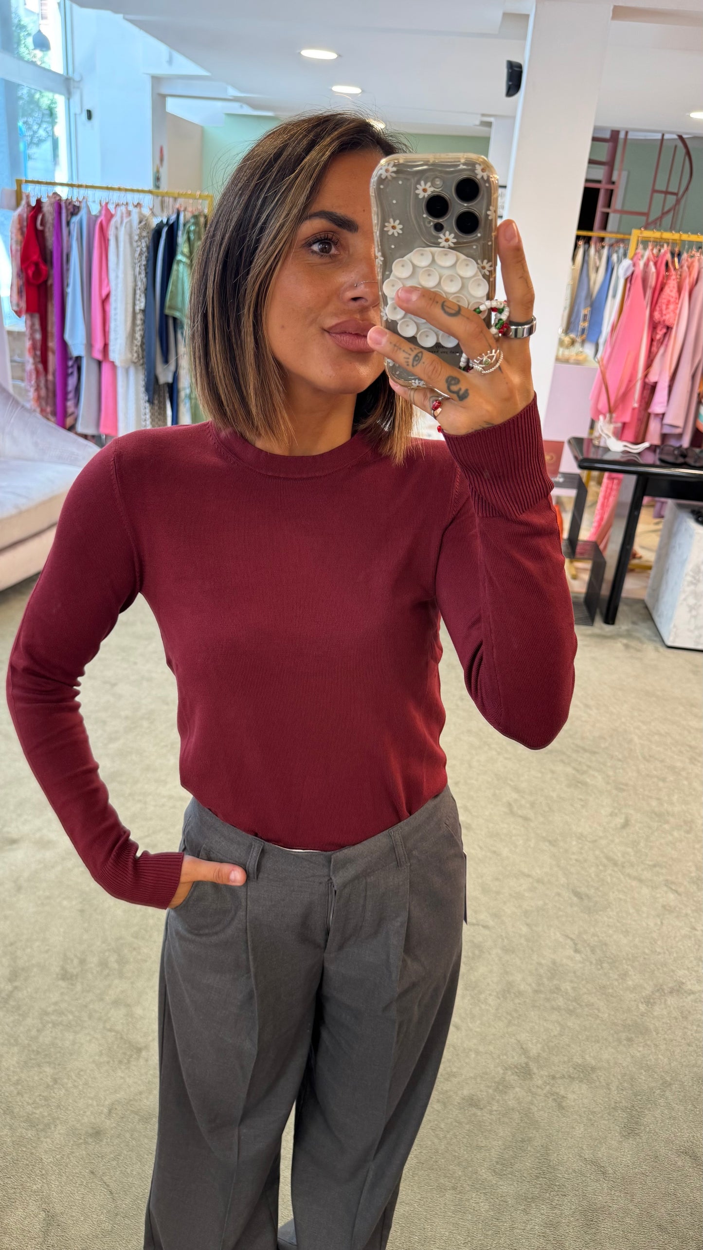 Maglione bordeaux girocollo in viscosa jx