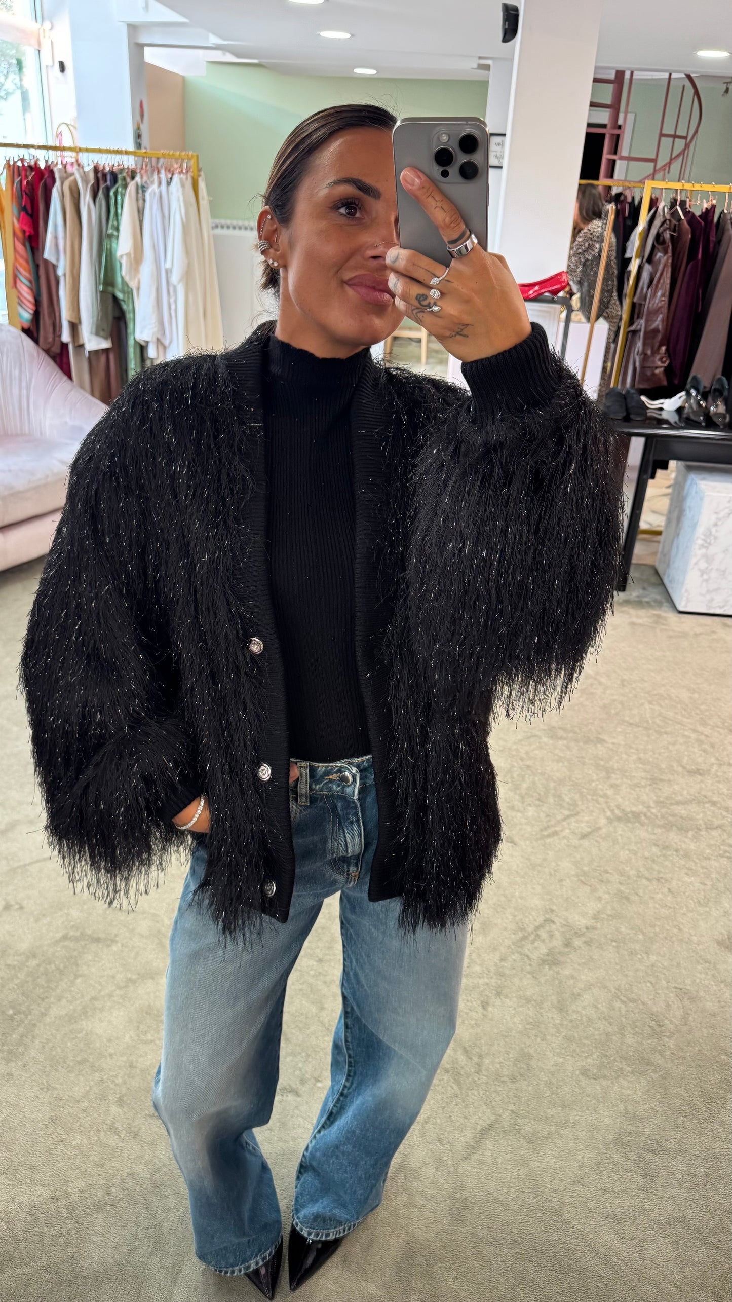 Cardigan bomber nero piume Actualee