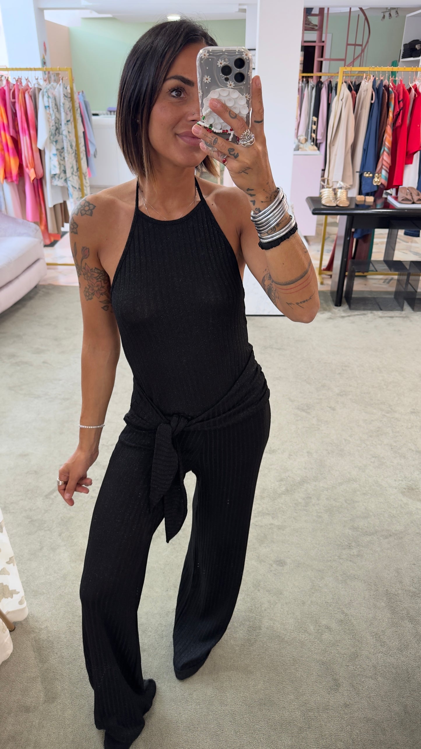 Jumpsuit nera in maglia a costine Cotazur