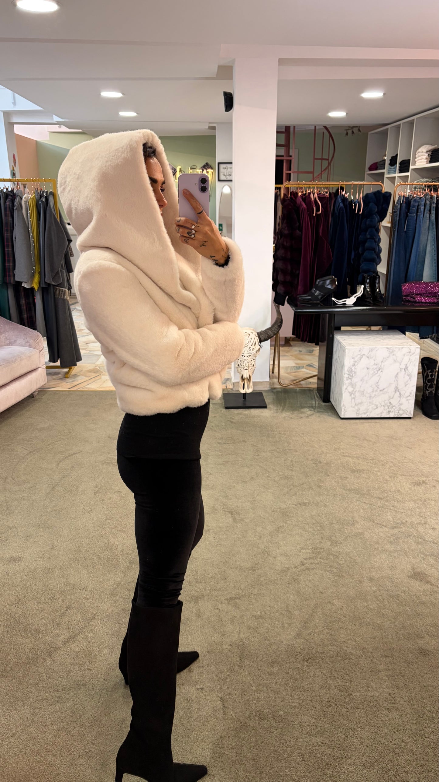 Pelliccia eco visone bianca luxury con cappuccio ys