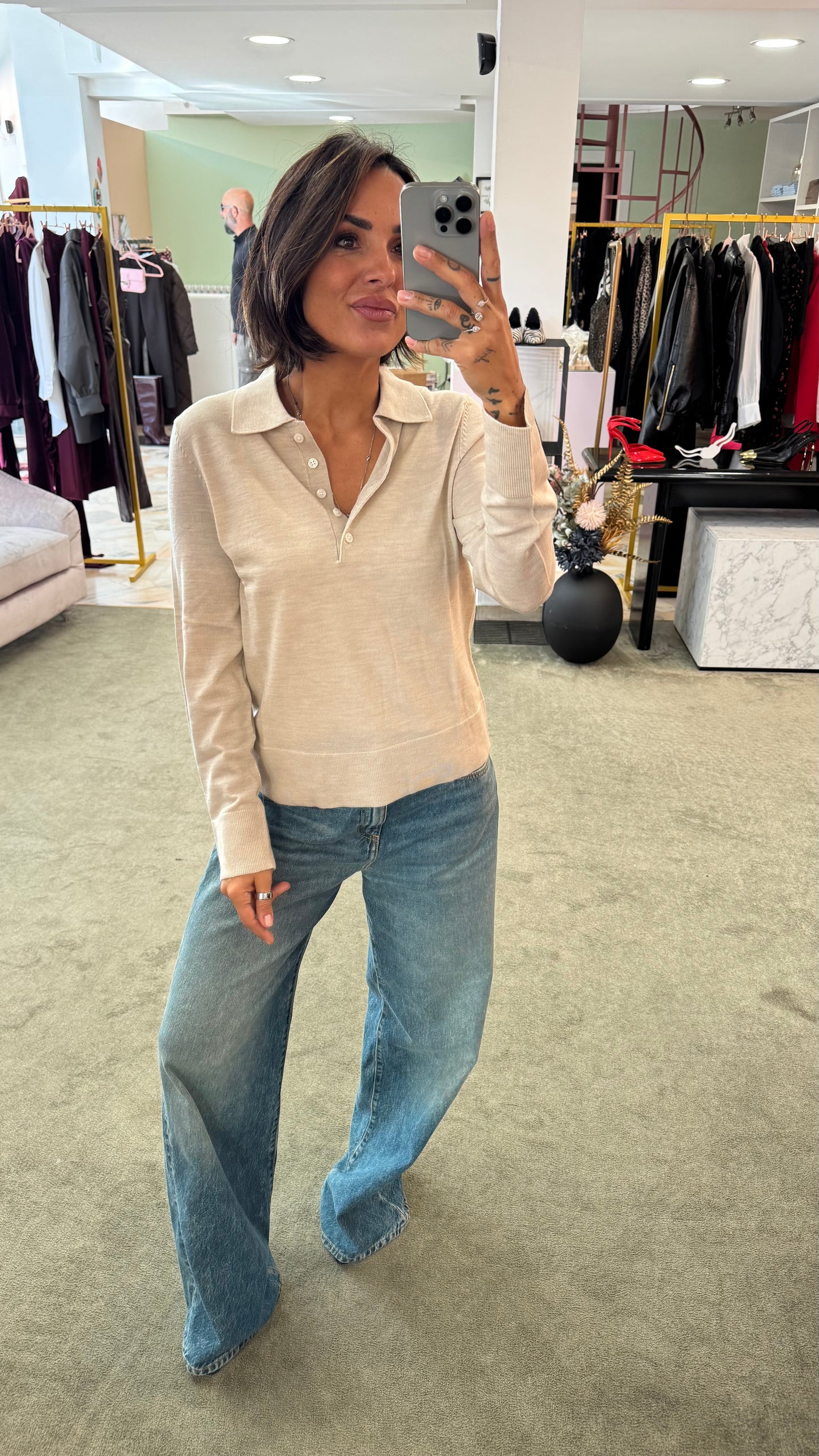 Polo beige maniche lunghe in lana sl