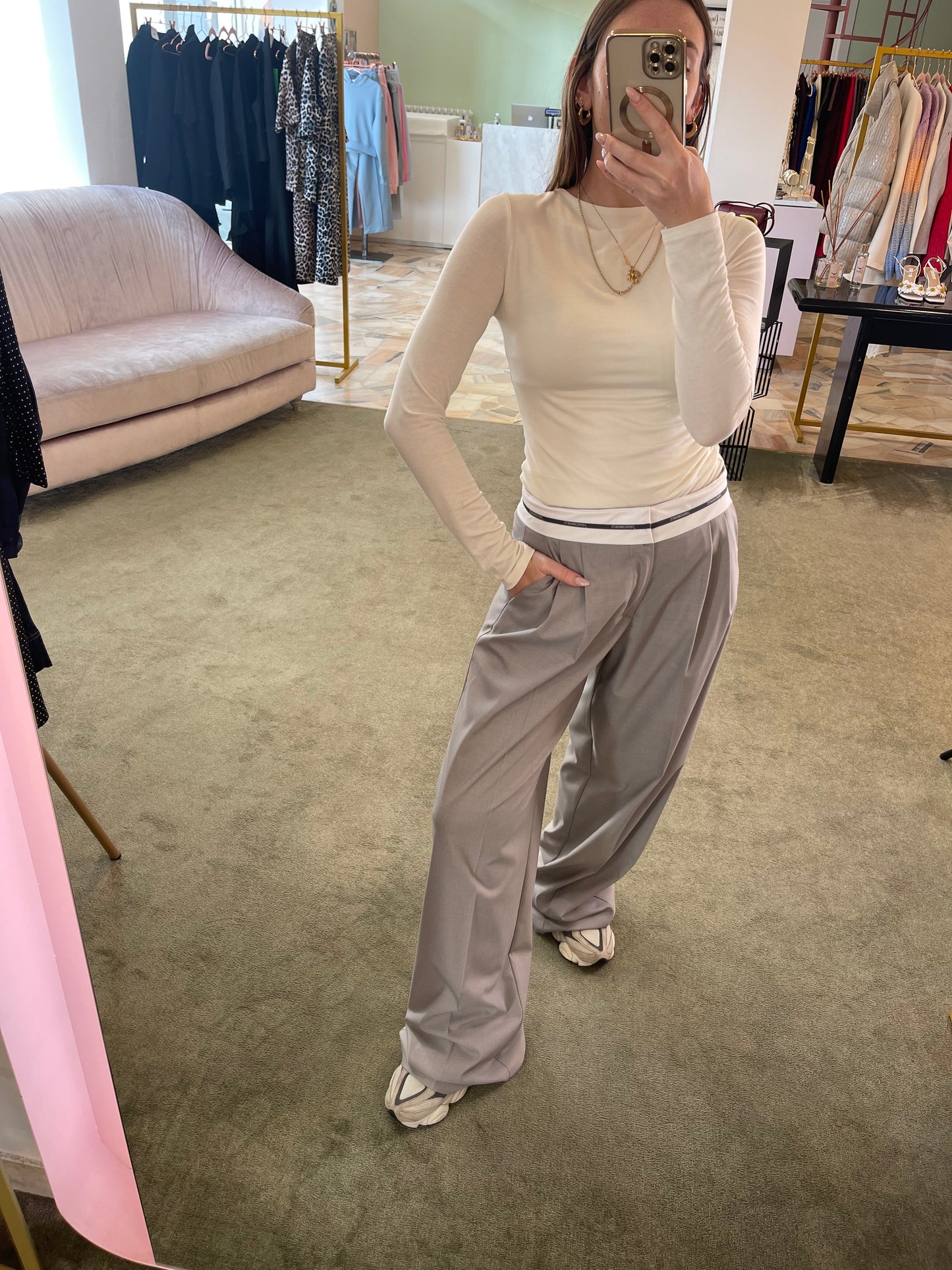 Pantaloni grigio wide leg con risvolto hinnominate