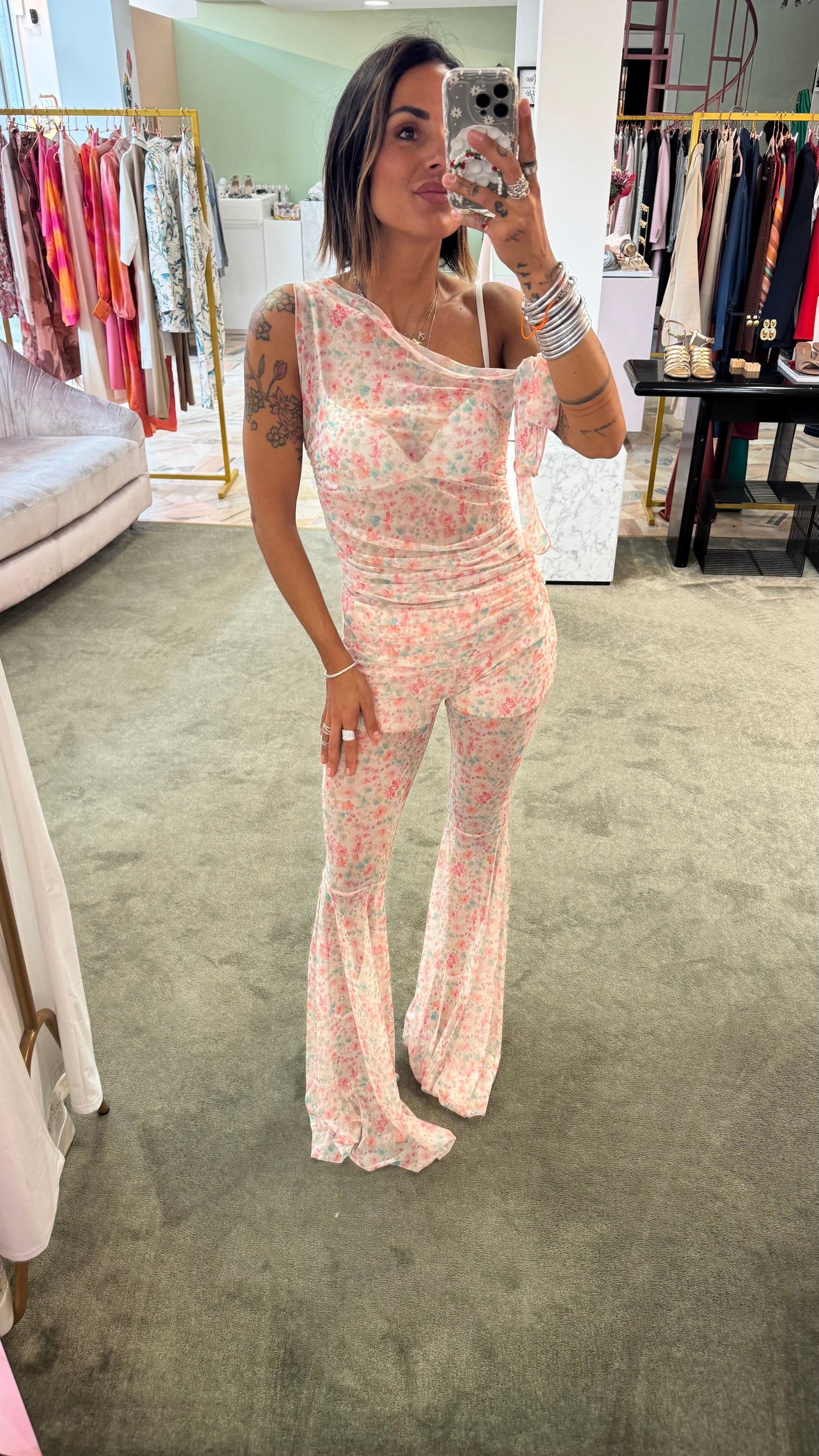 Completo canotta e pantalone in tulle a fiori ks