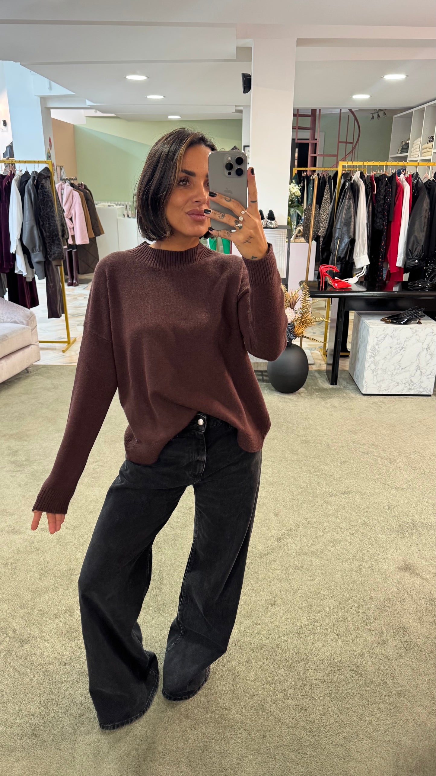 Maglione lupetto marrone a scatola tk