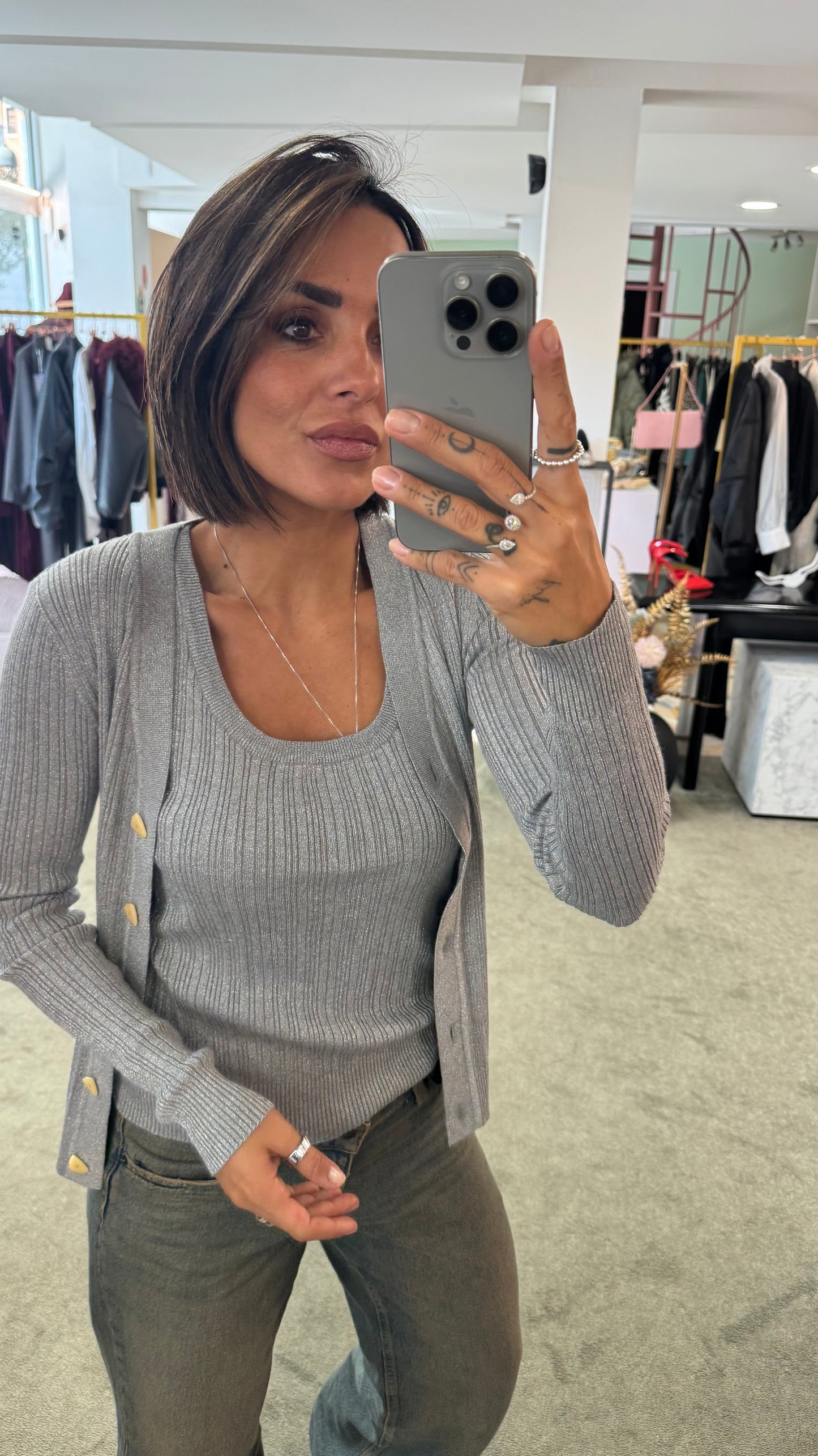 Set canotta e cardigan argento lurex a costine bj