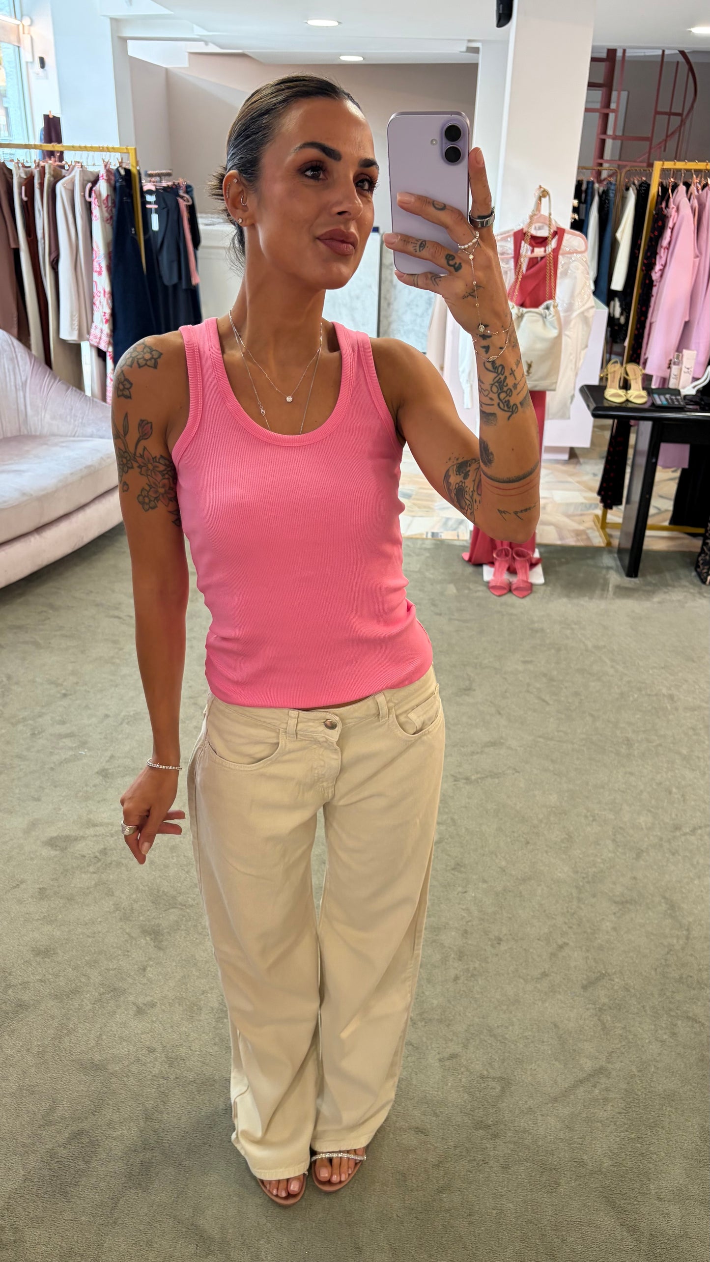 Canotta fucsia a costine scollo tondo jx
