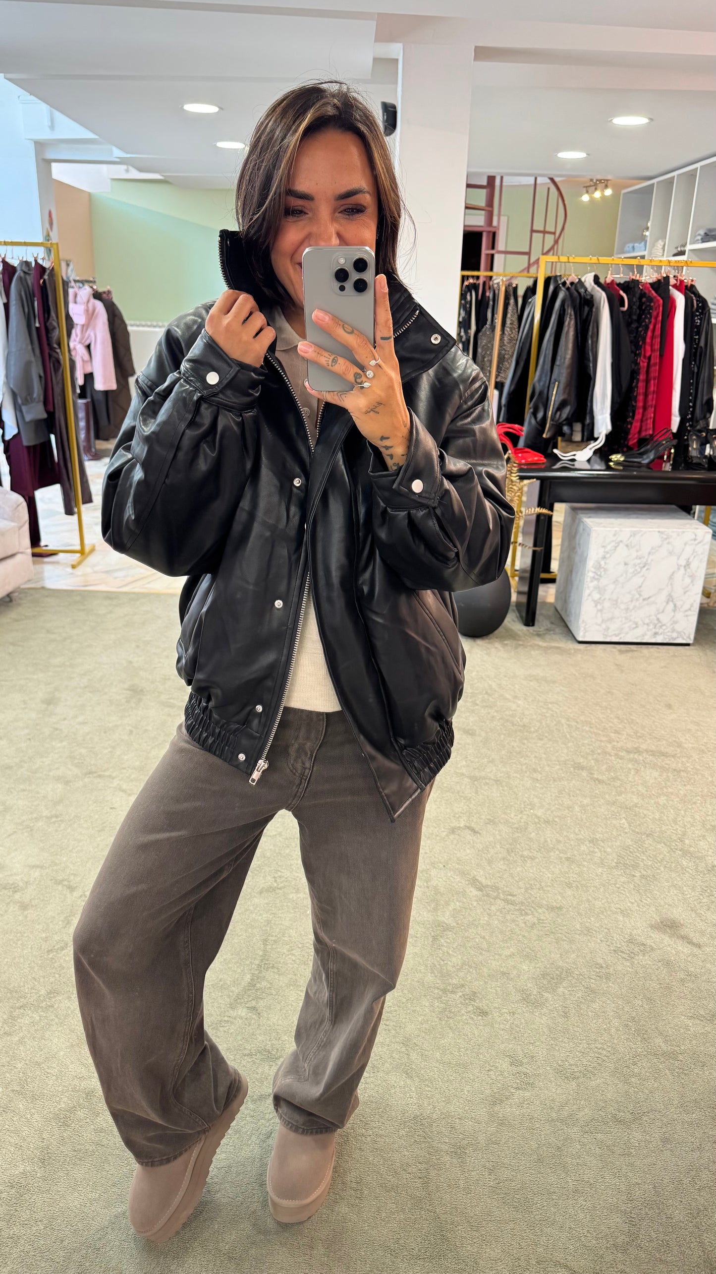 Bomber aviator nero imbottito in ecopelle gl
