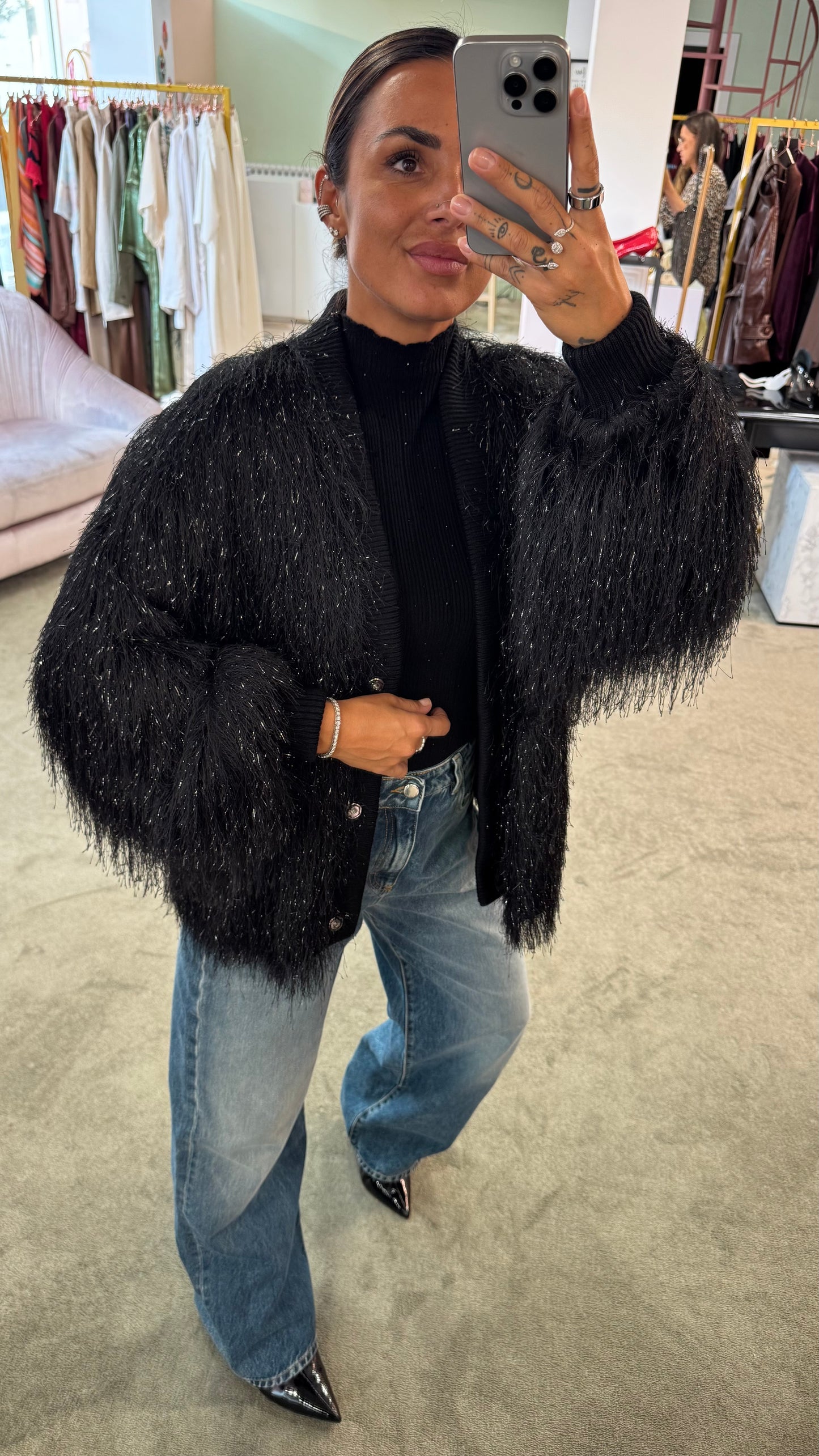 Cardigan bomber nero piume Actualee