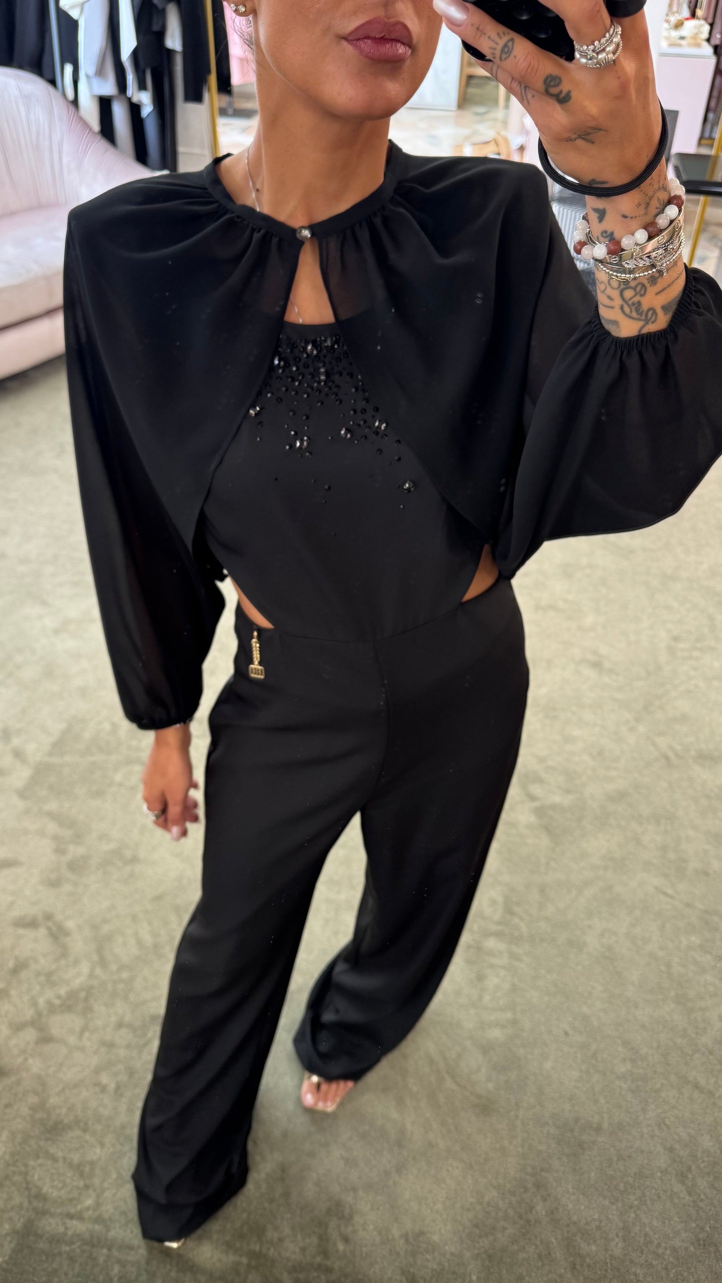 Jumpsuit nera con cristalli fr