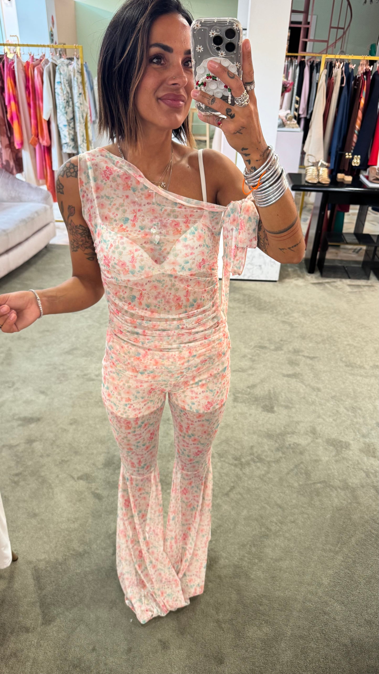 Completo canotta e pantalone in tulle a fiori ks