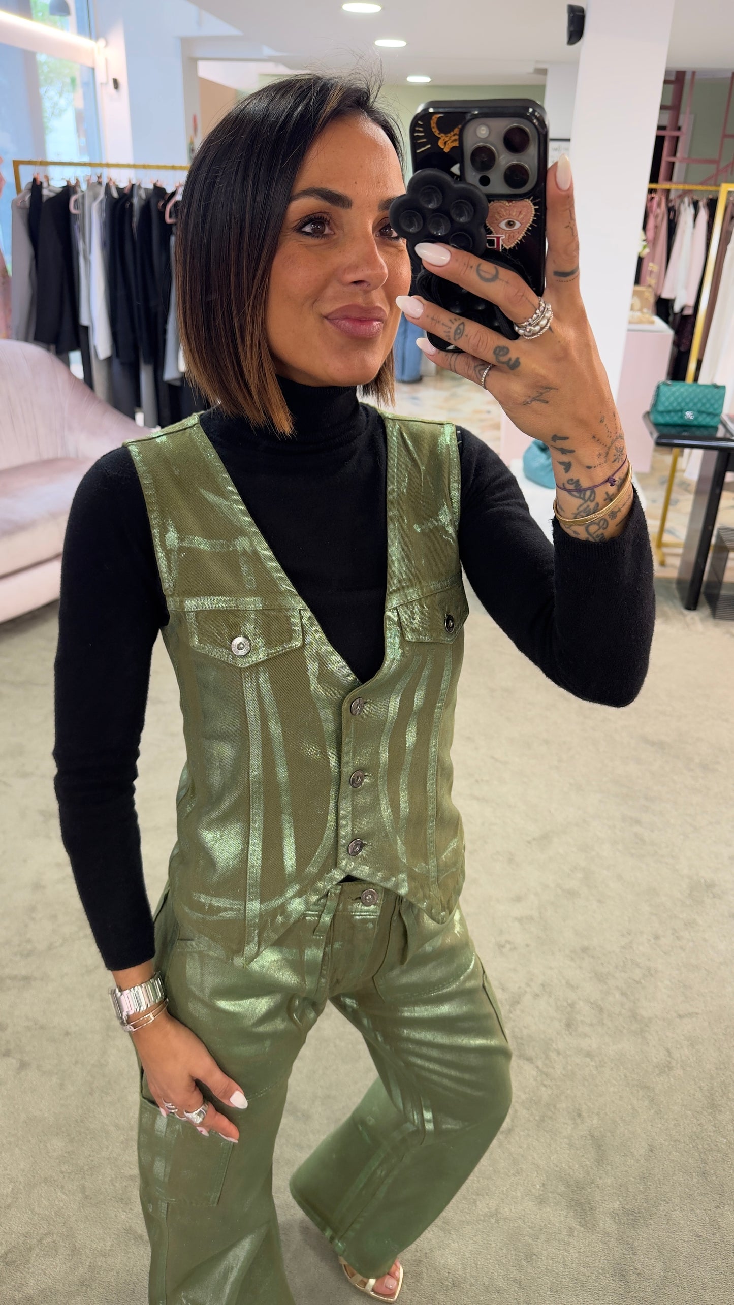 Pantaloni cargo laminati verde militare Don't@me