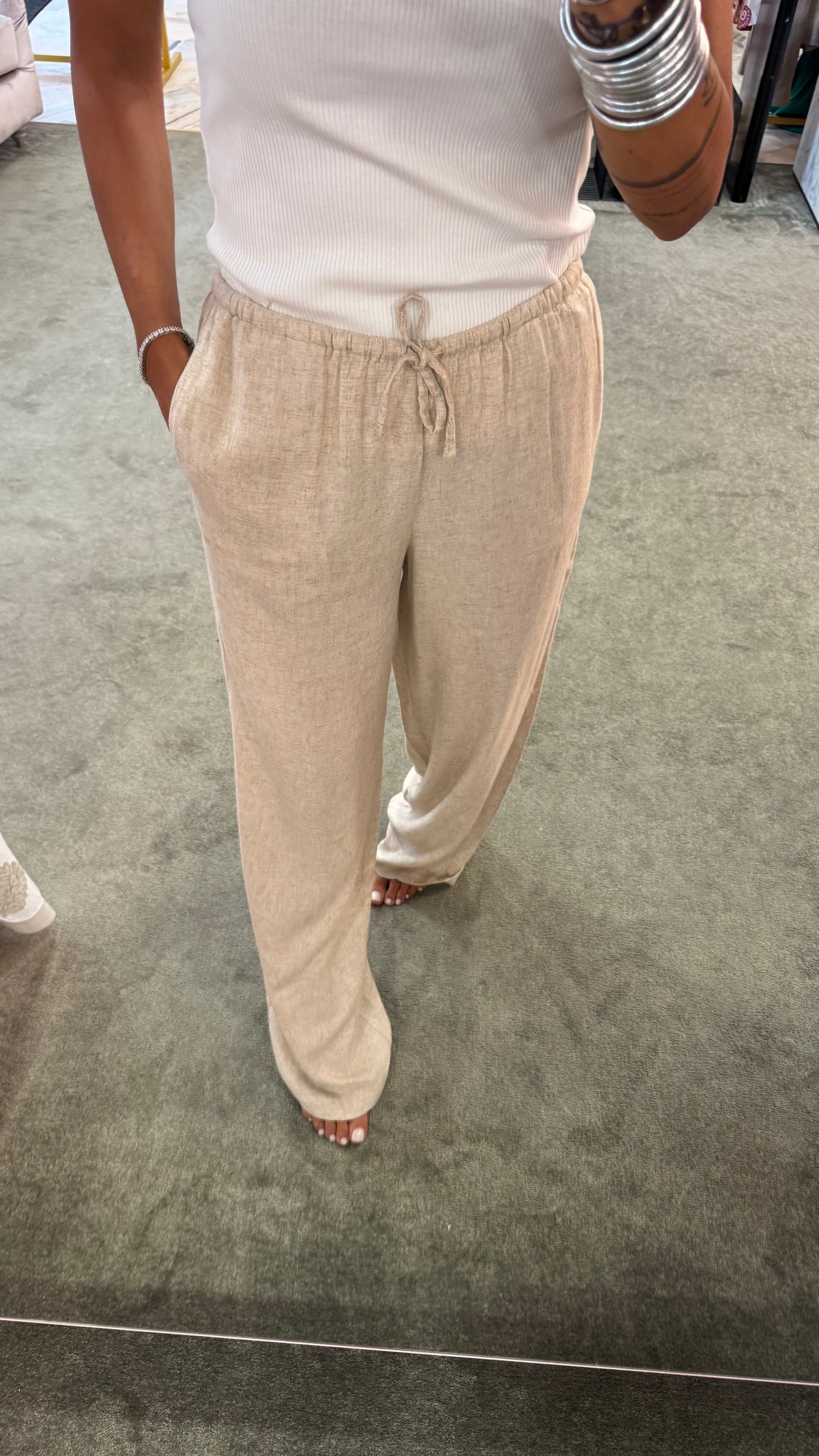 Pantaloni beige melange in lino con coulisse jx
