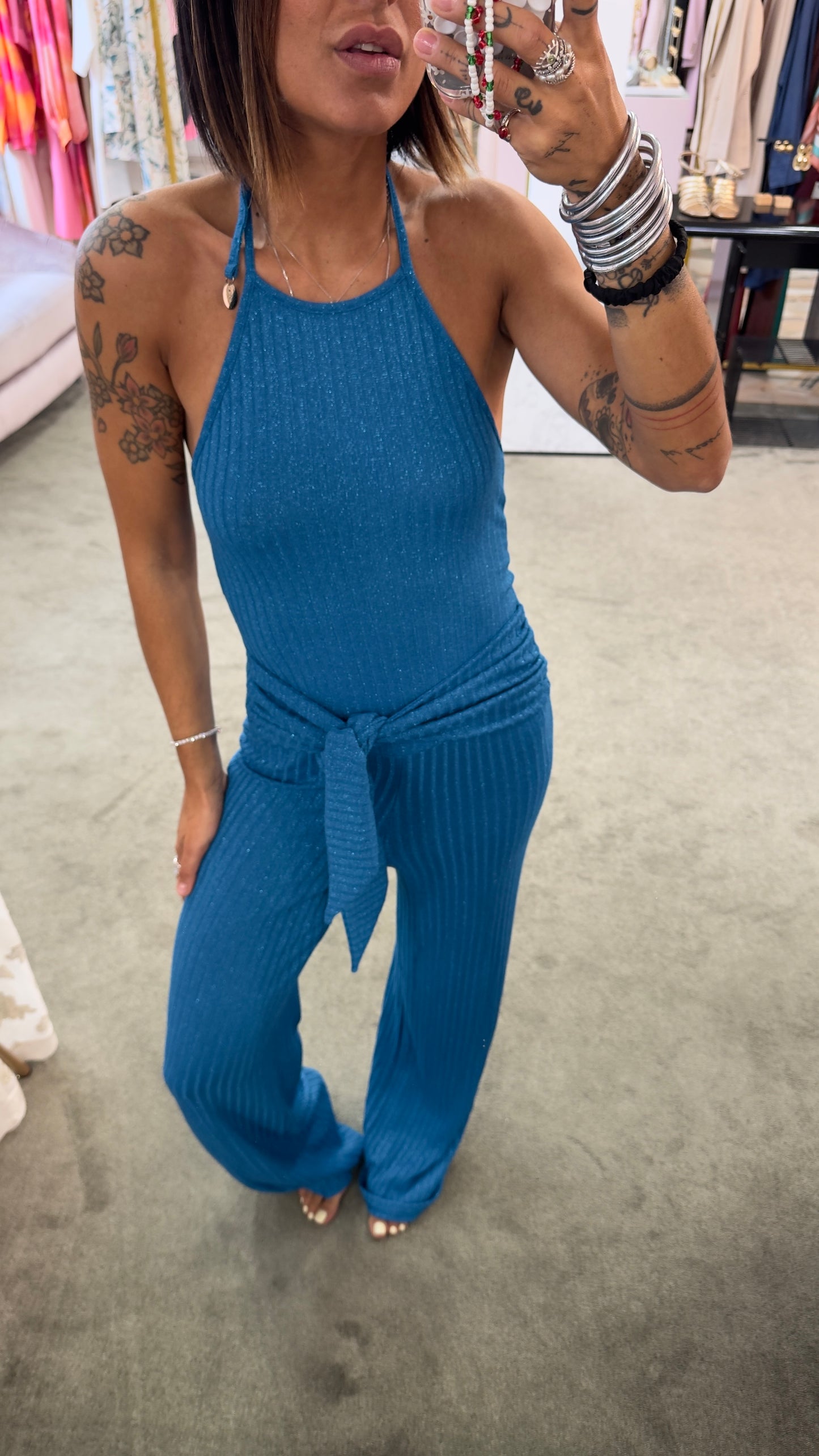 Jumpsuit turchese in maglia a costine Cotazur