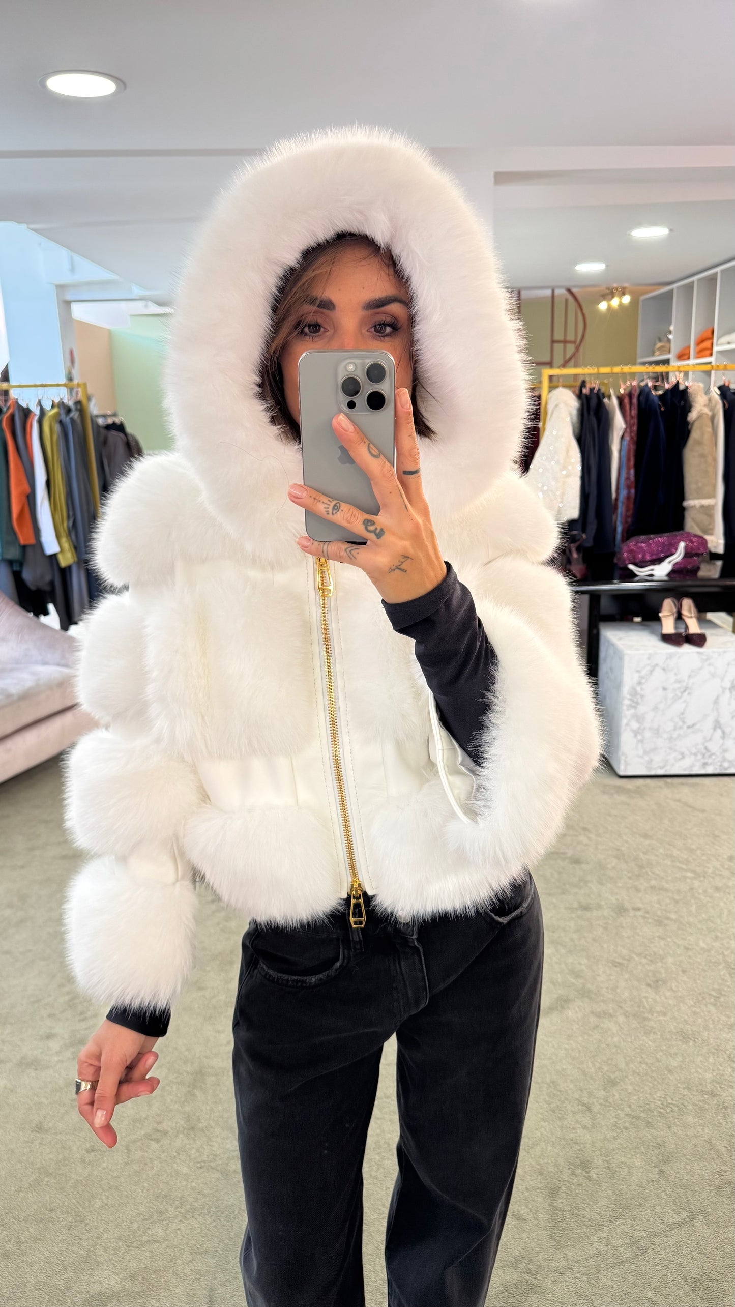 Pelliccia eco bianca luxury con cappuccio ys