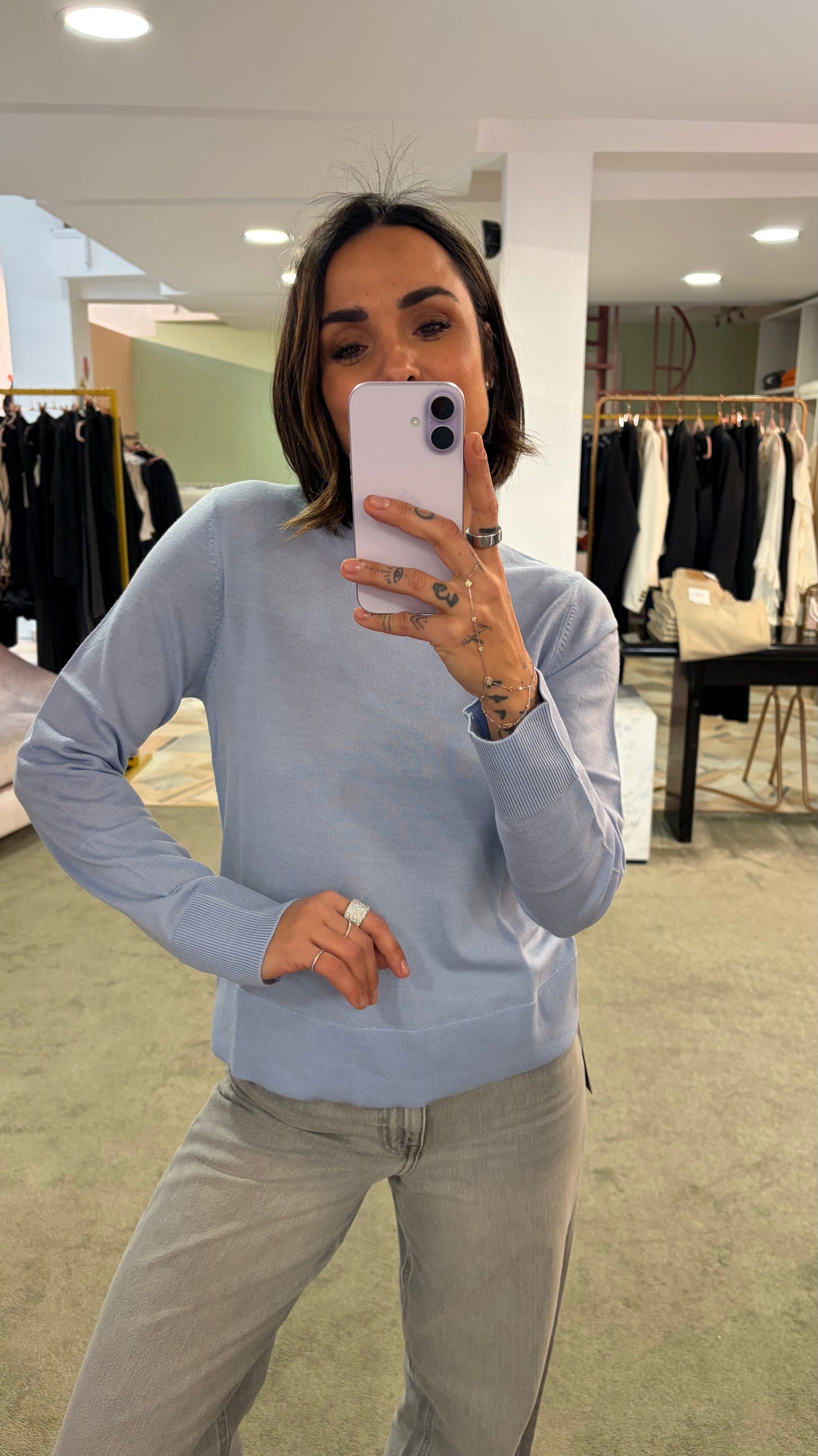Maglione girocollo thea azzurro in lana merino sl