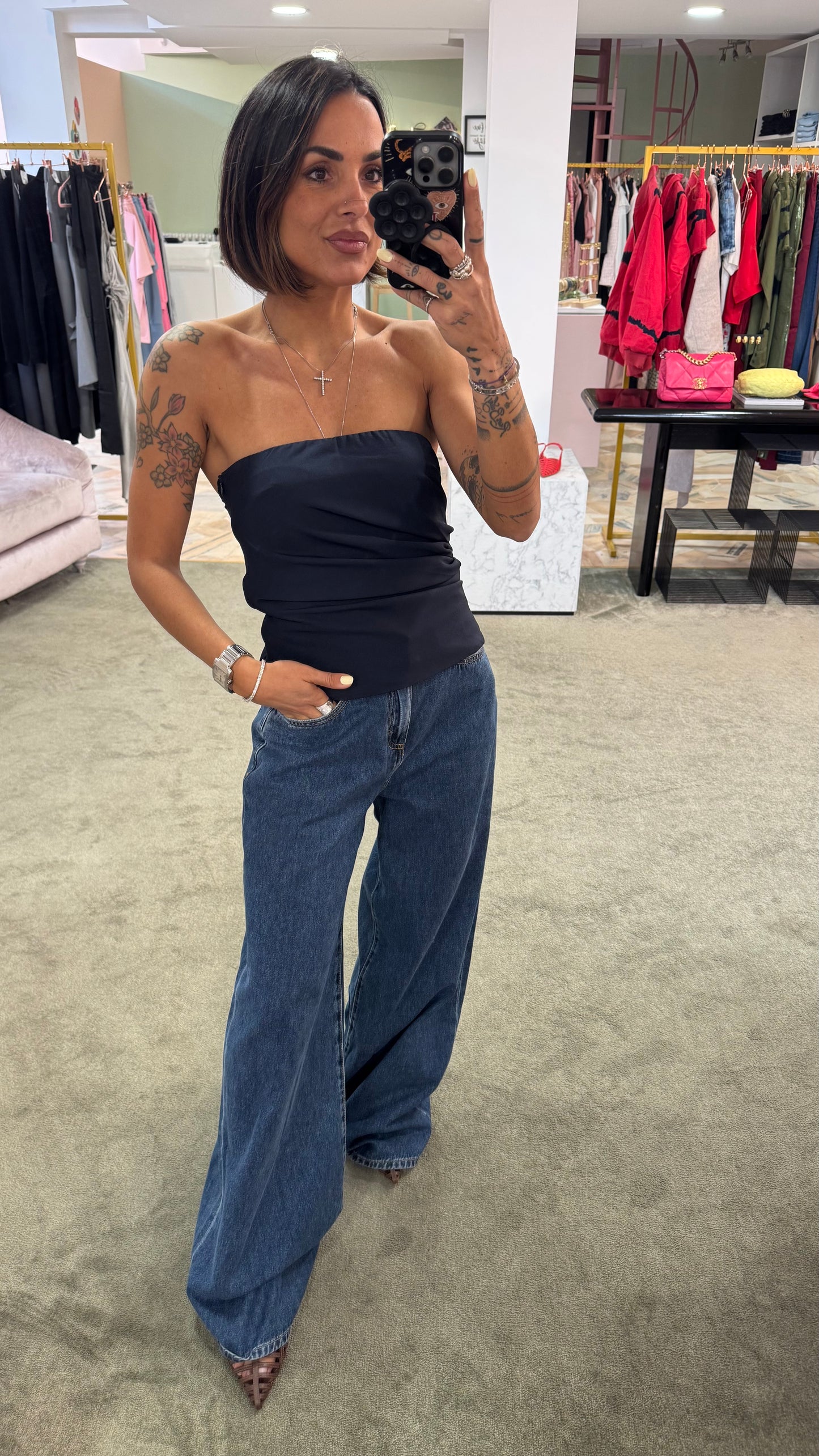 Top fascia blu notte con arricciatura tessuto classico