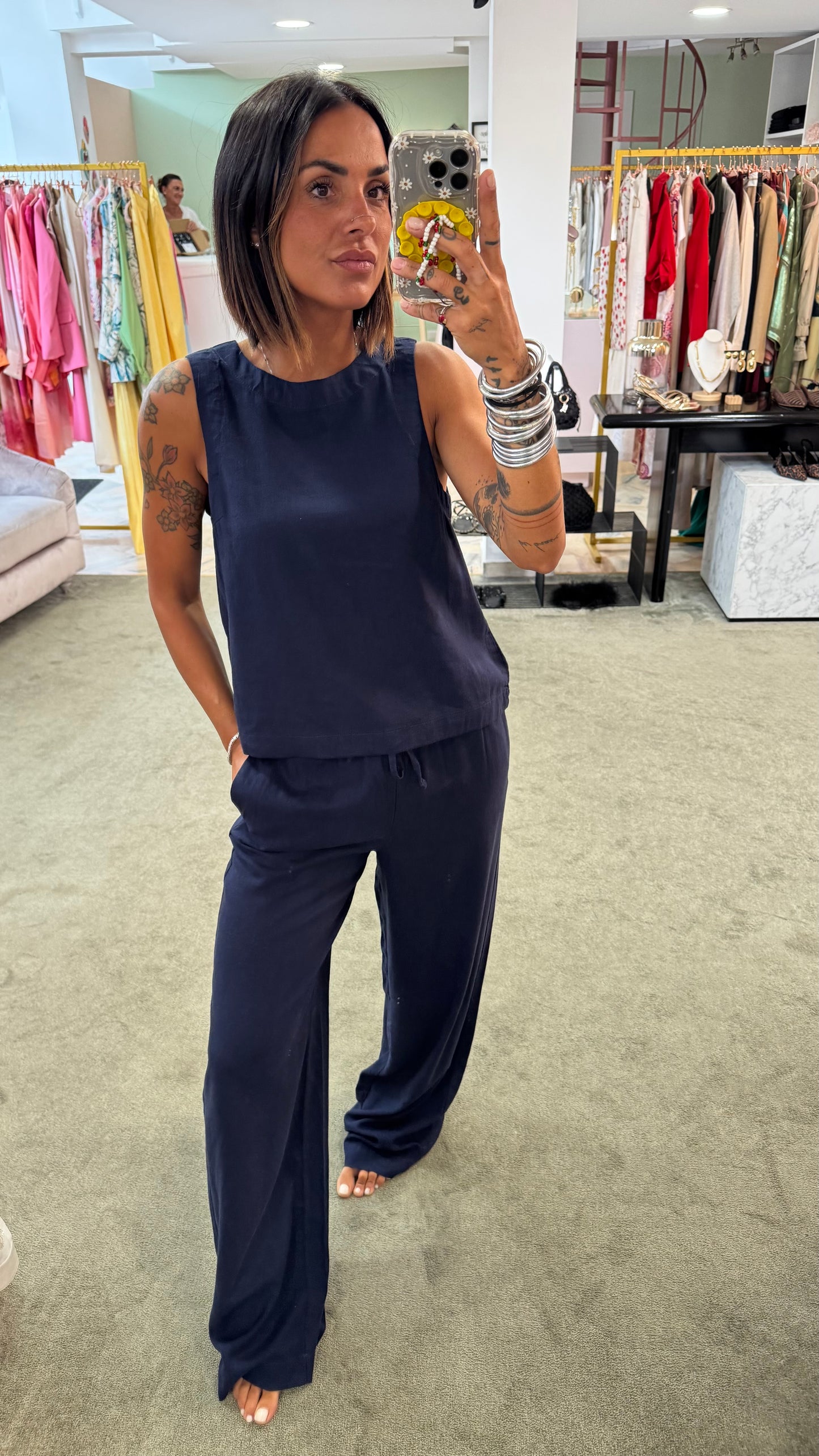 Pantaloni blu notte in lino con coulisse jx