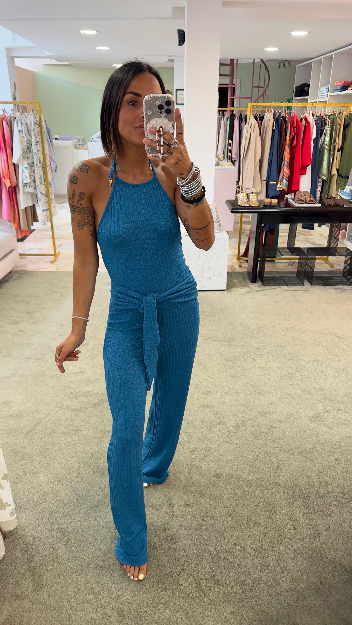 Jumpsuit turchese in maglia a costine Cotazur