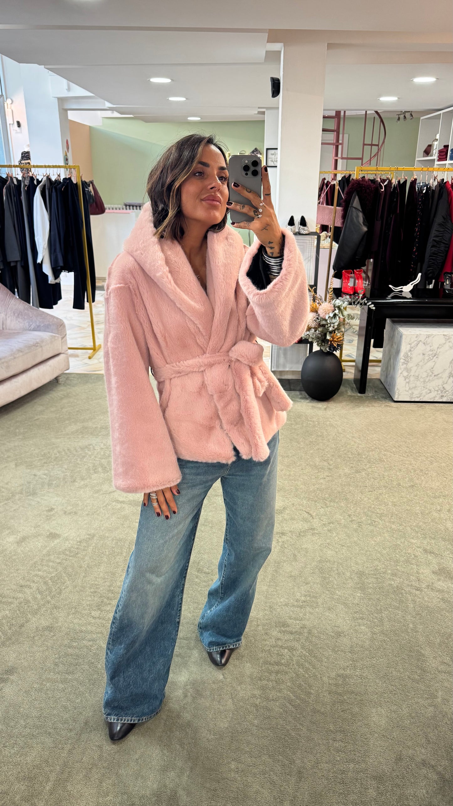 Pelliccia eco rosa luxury con cappuccio ys
