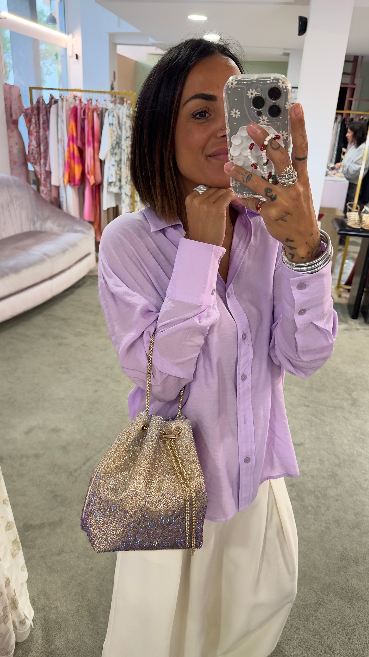 Borsa sacchetto multicolor oro e lilla con cristalli