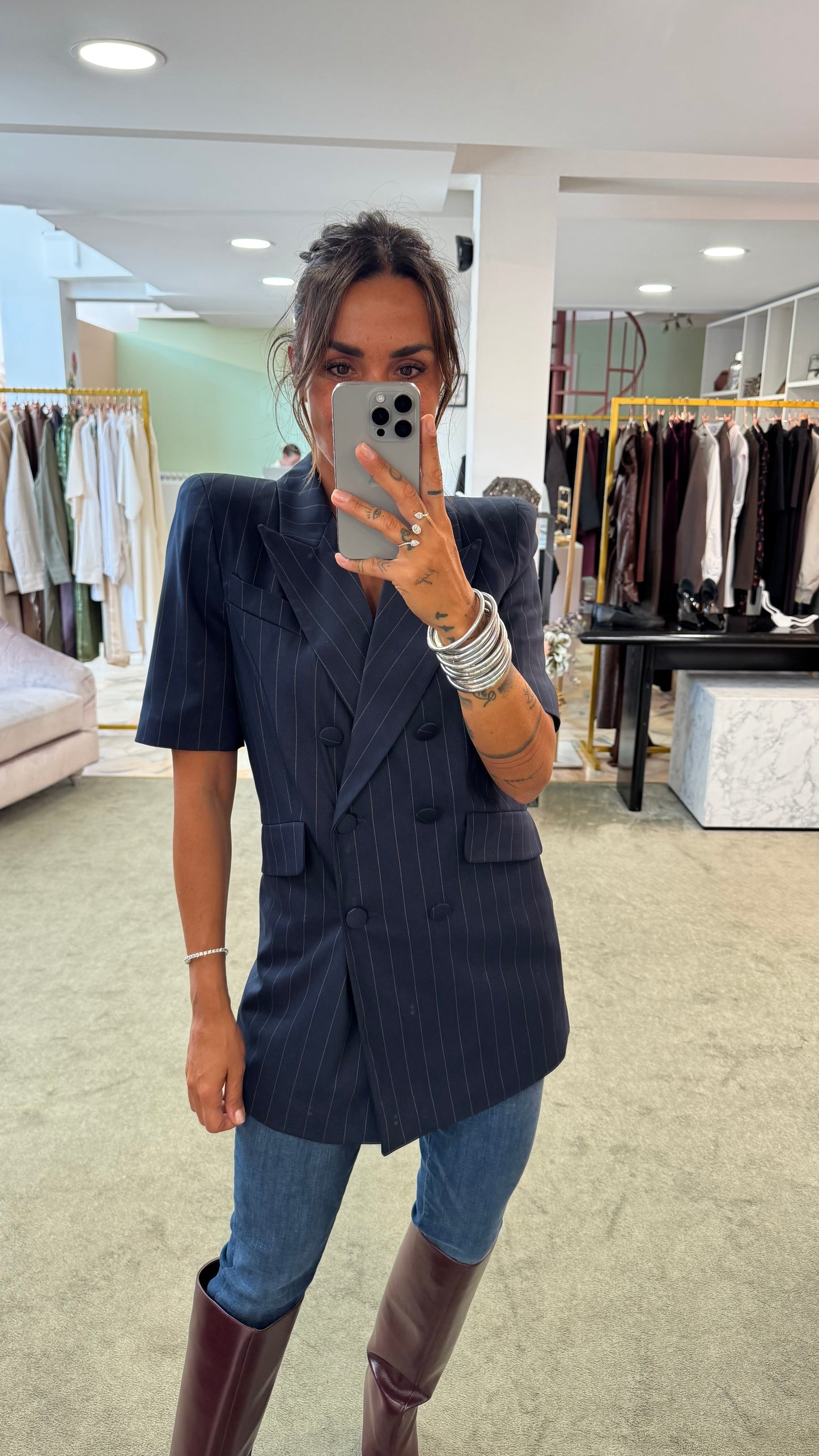 Blazer blu gessato manica corta Actualee