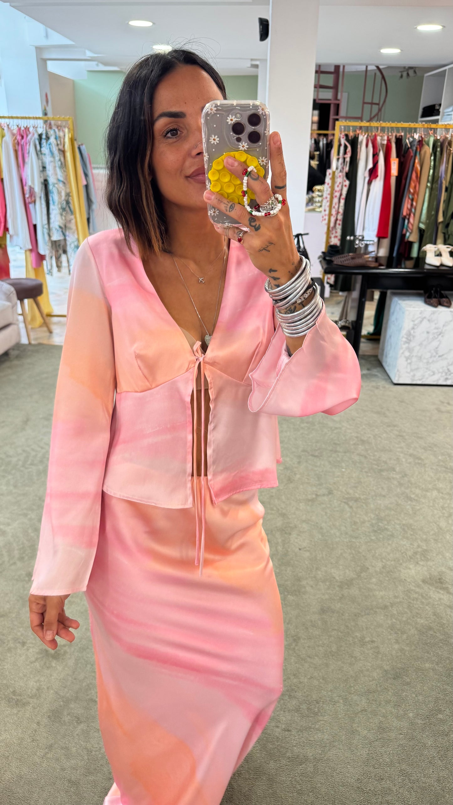 Gonna lunga rosa tie-dye in satin gl