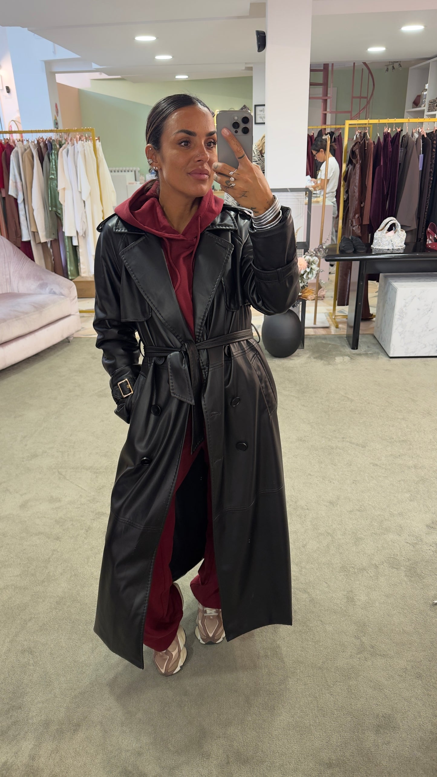 Trench nero lungo in ecopelle fr