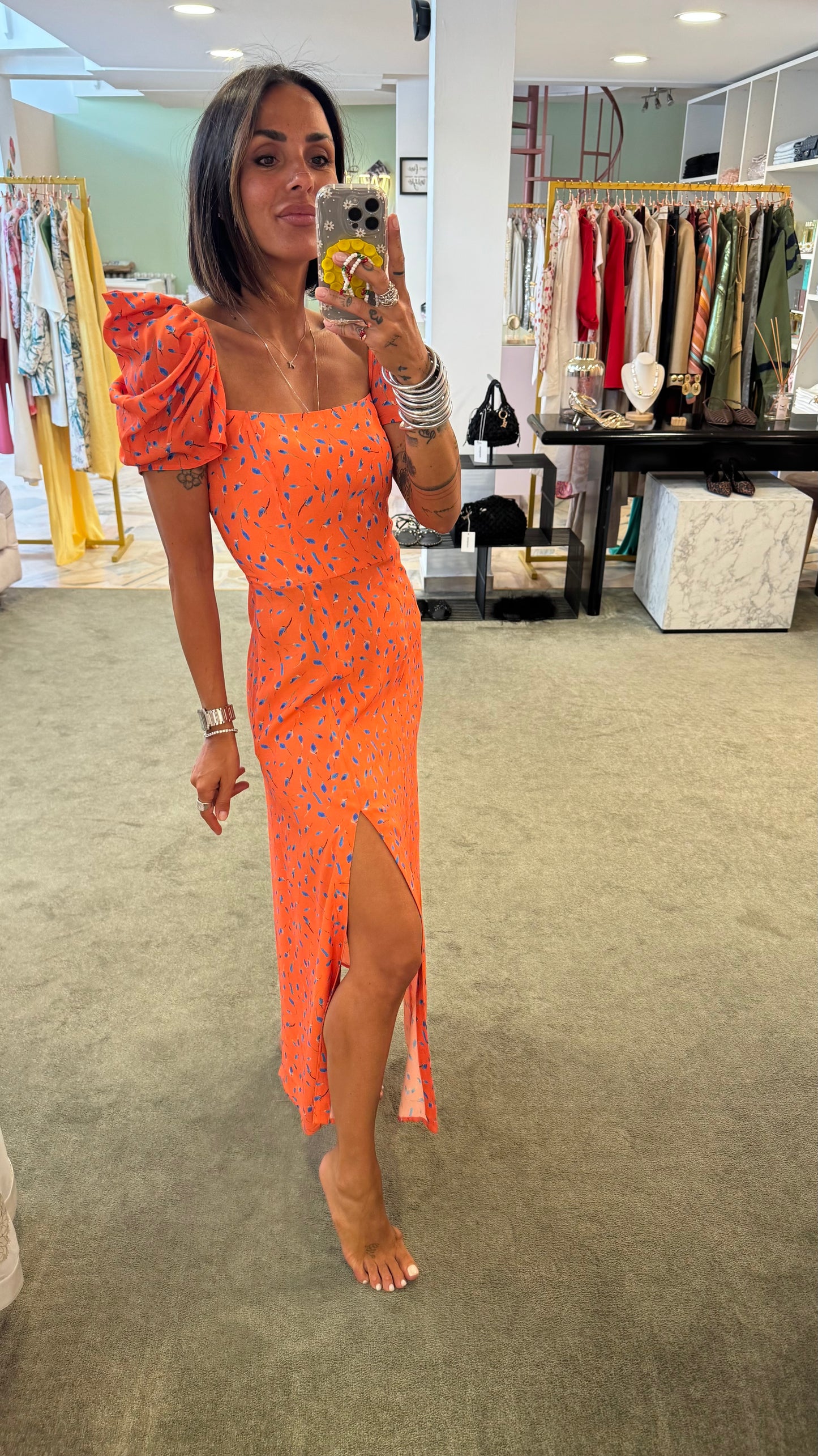Abito yohanna MAR DE MARGARITAS arancio fiori midi con spacco