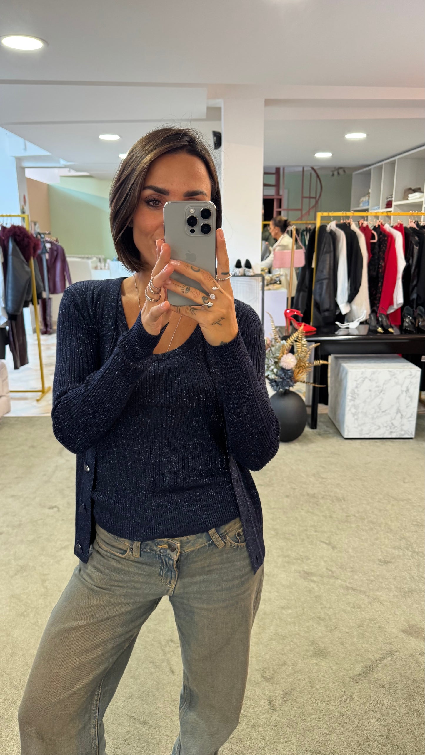 Set canotta e cardigan blu notte lurex a costine bj