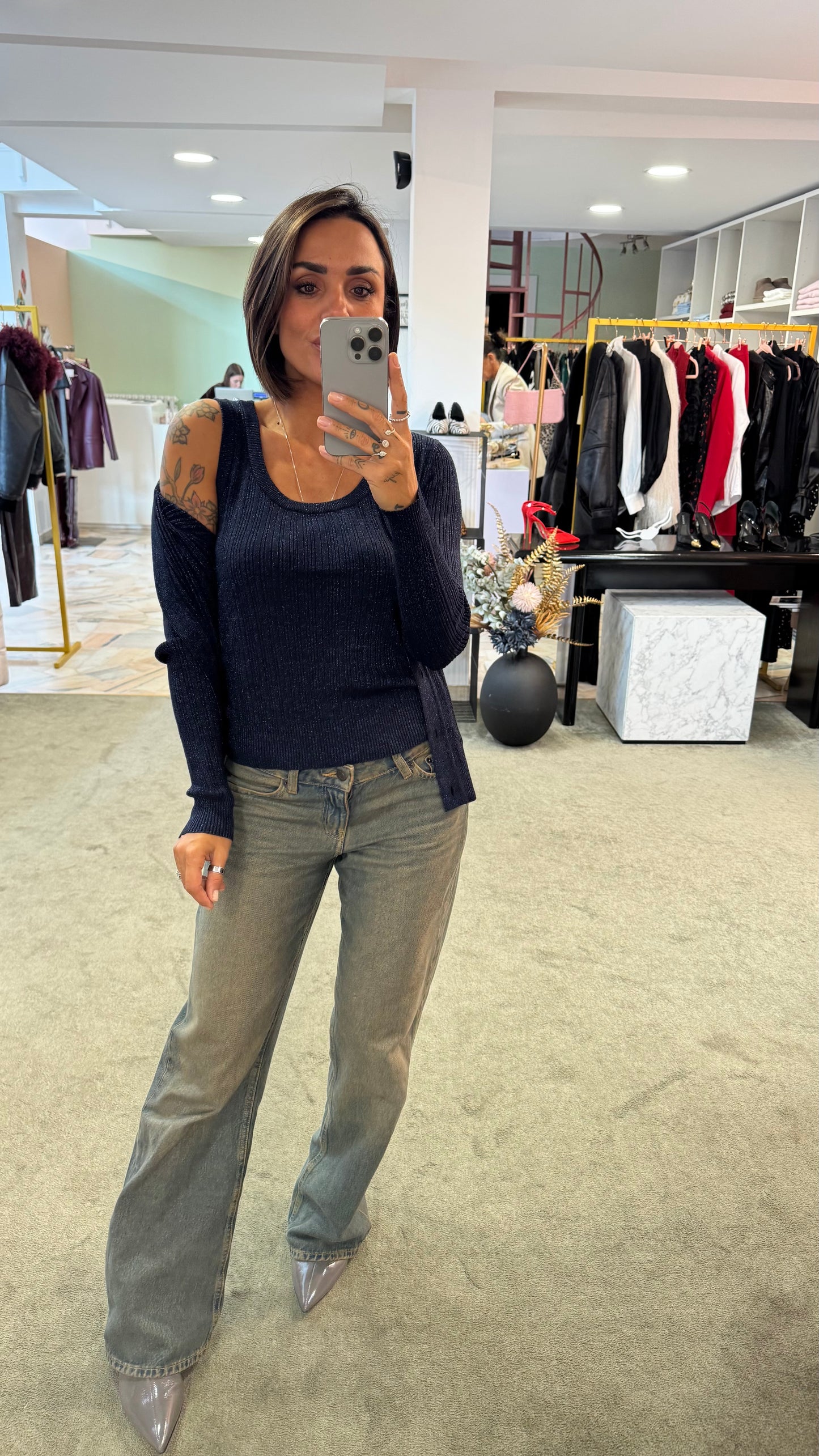 Set canotta e cardigan blu notte lurex a costine bj