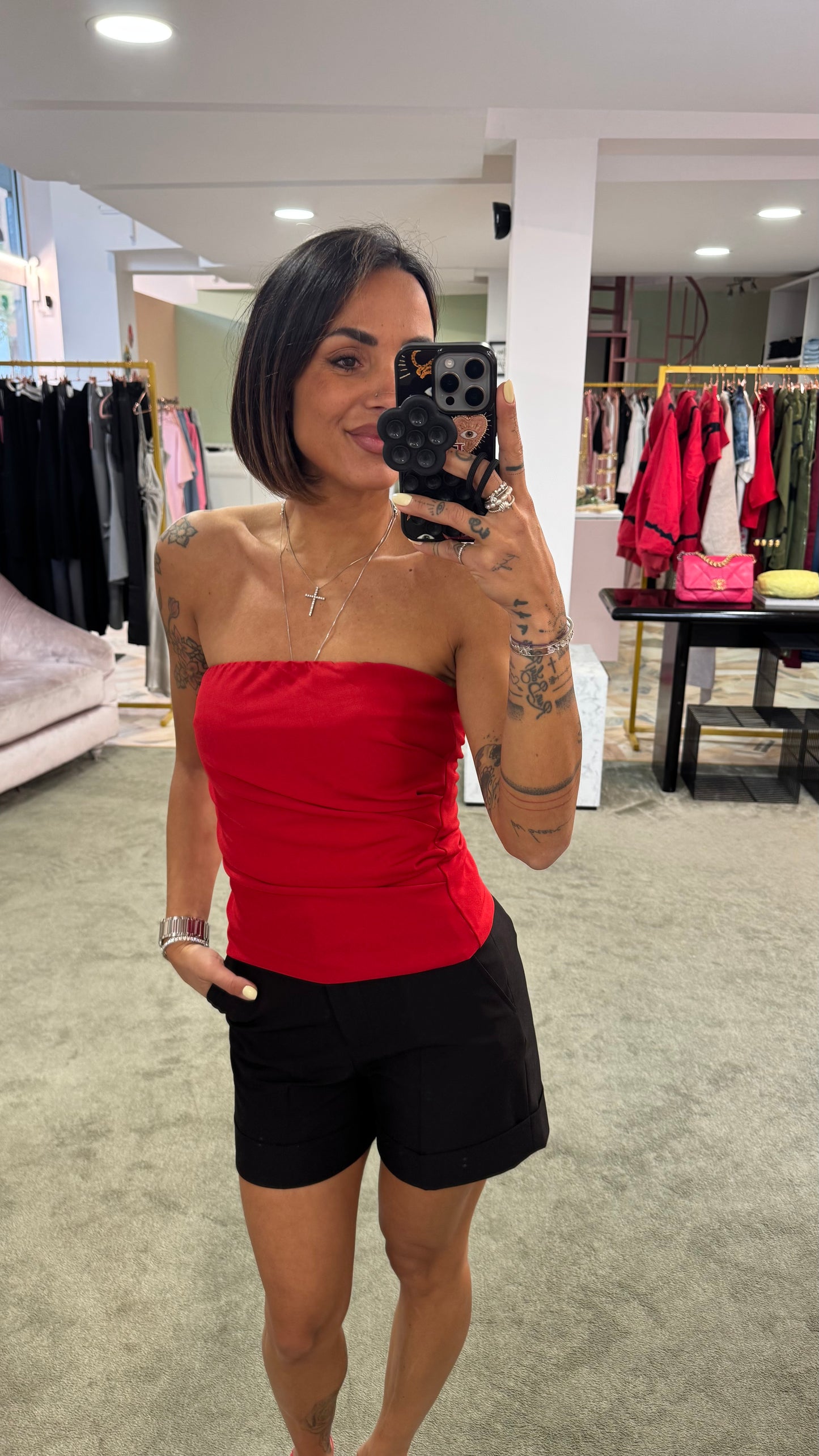 Top fascia rosso con arricciatura tessuto classico