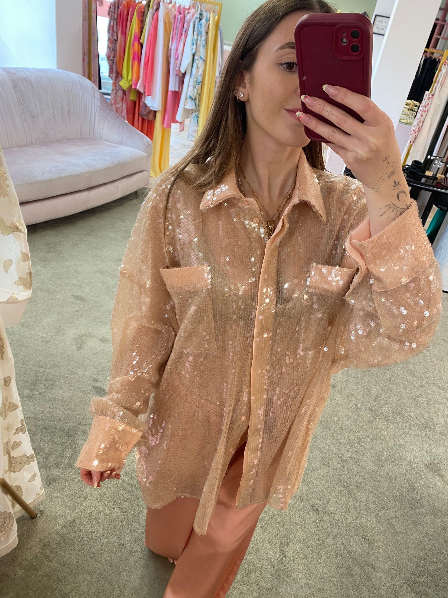 Camicia over rosa cipria con paillettes tw