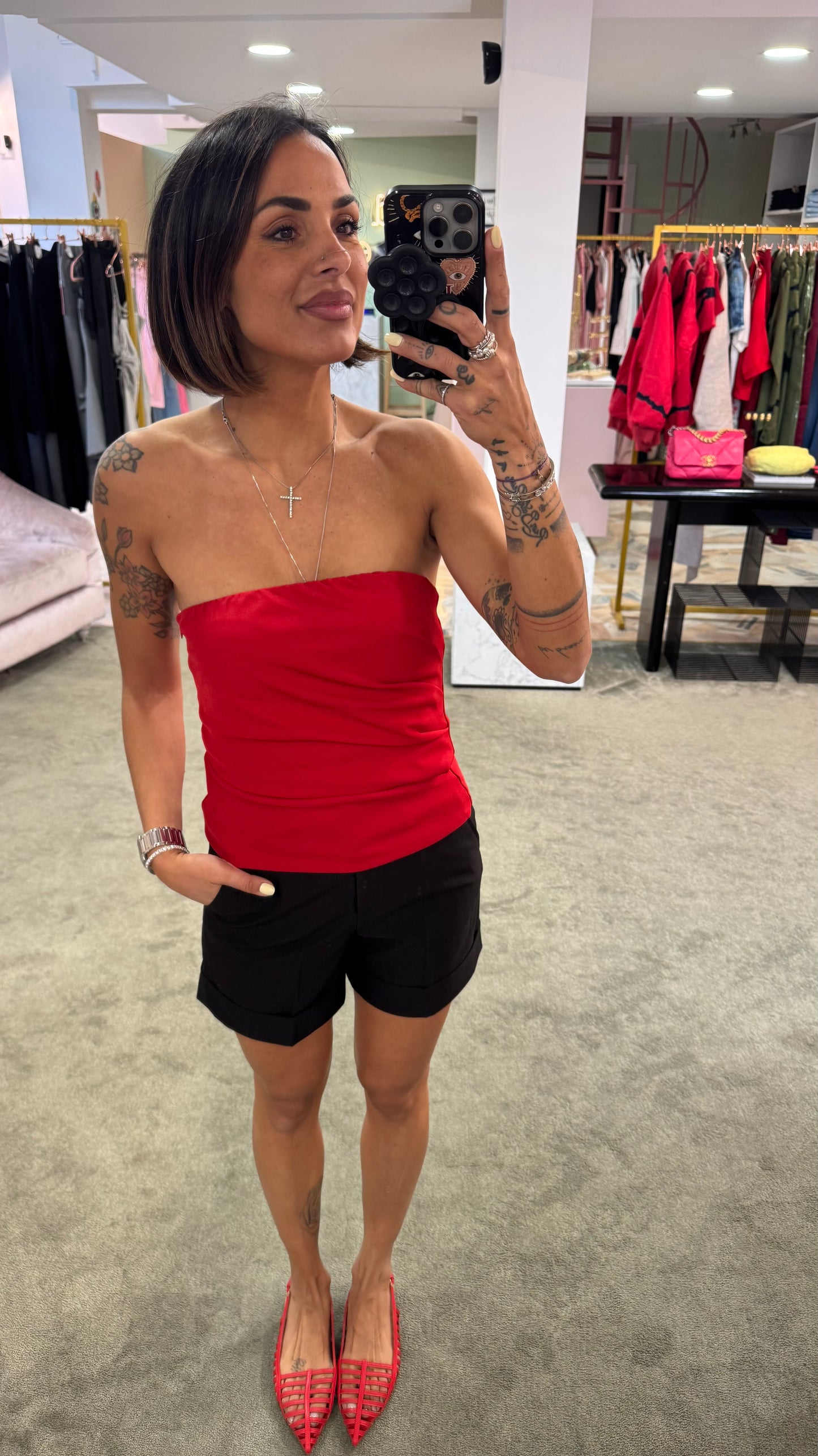 Top fascia rosso con arricciatura tessuto classico
