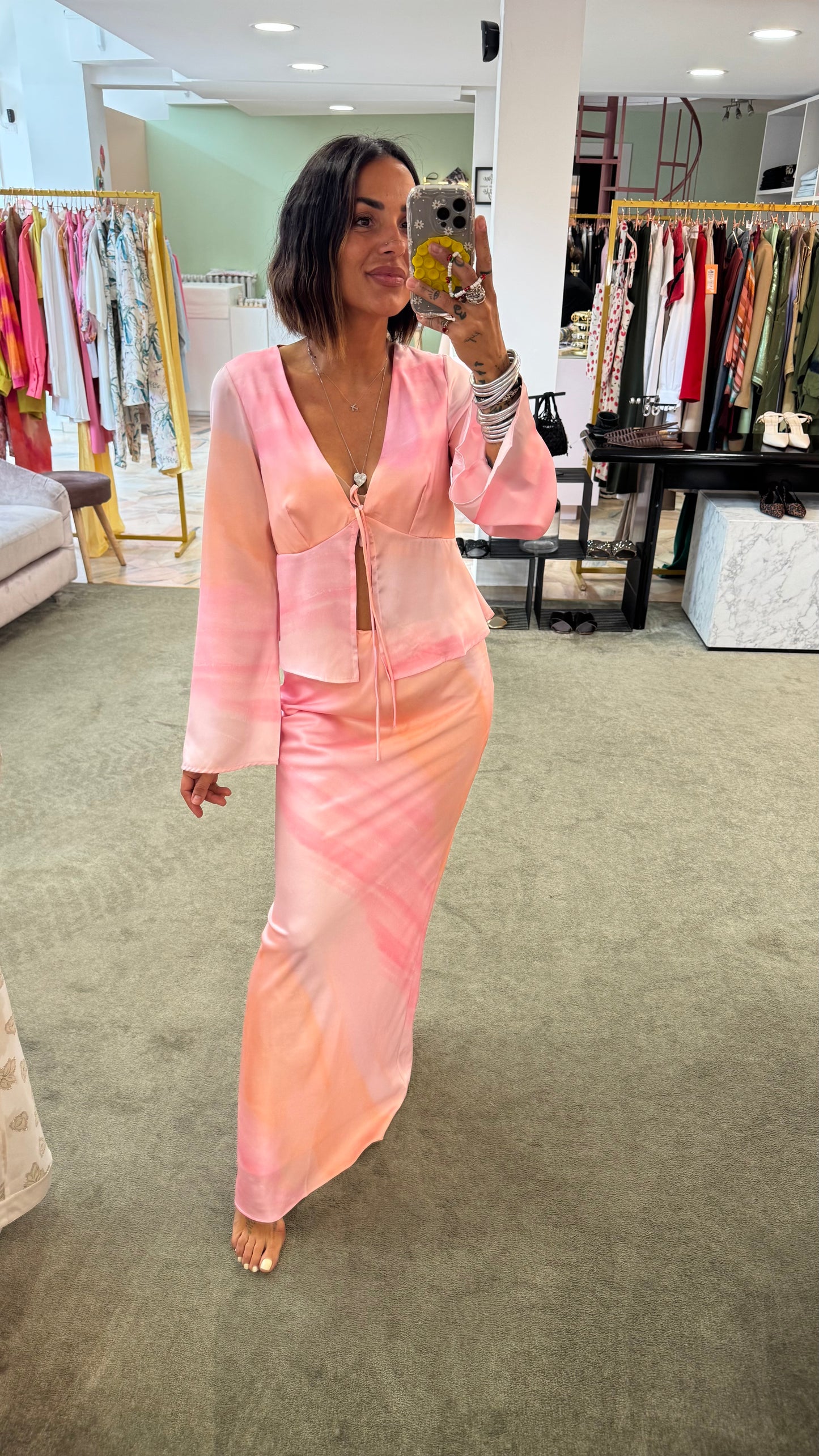 Gonna lunga rosa tie-dye in satin gl