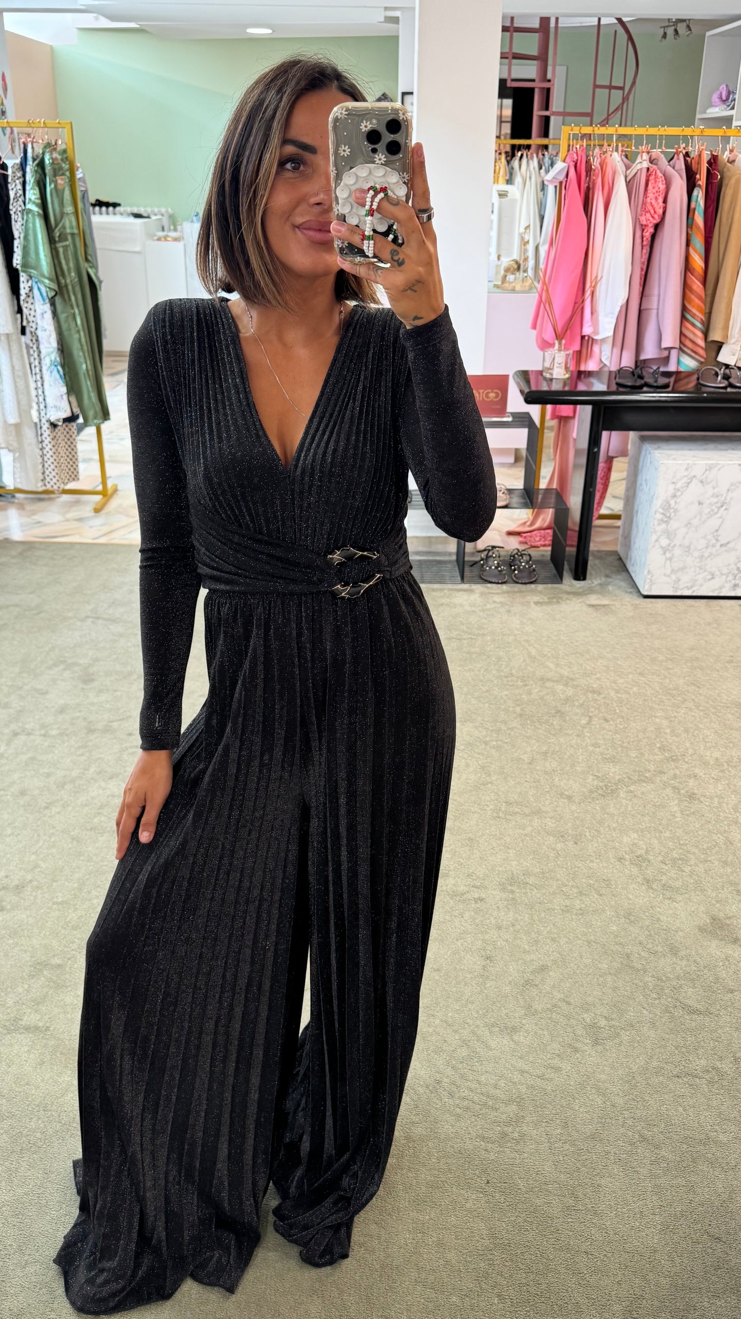 Jumpsuit nera lurex plisse’ in maglia fr