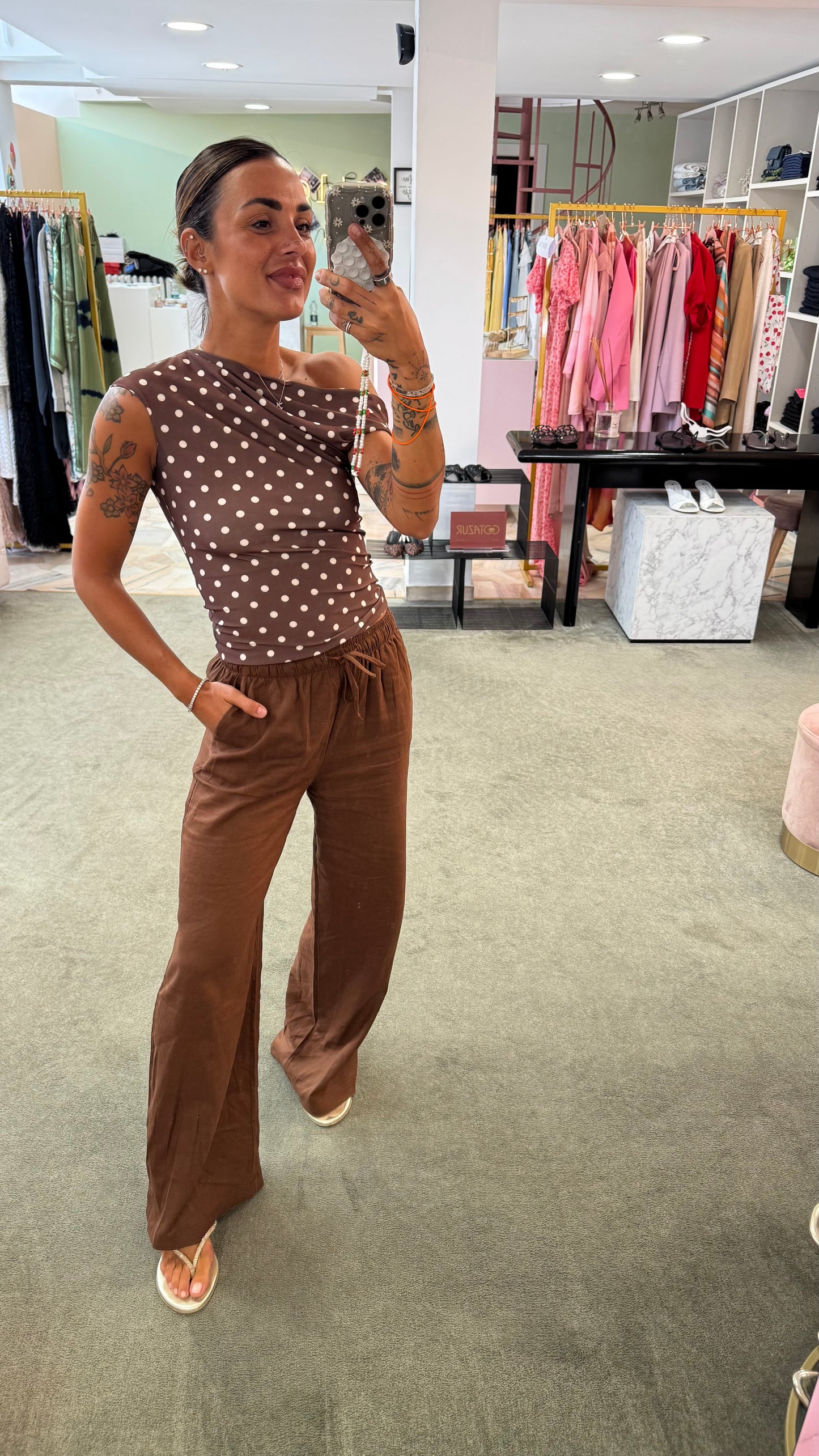 Pantaloni tabacco in lino con coulisse ep