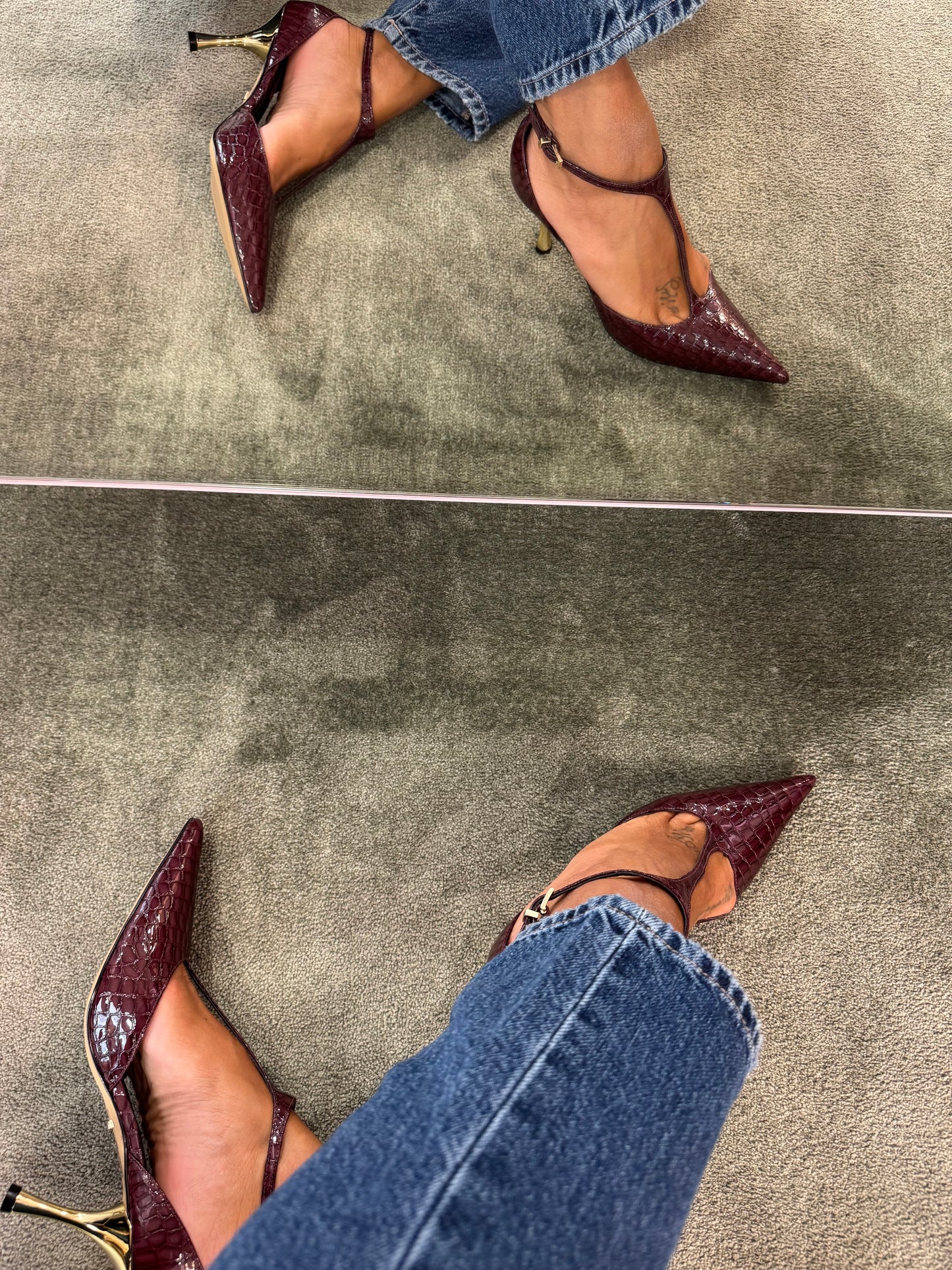 Décolleté bordeaux crocodile con cinturino e tacco oro