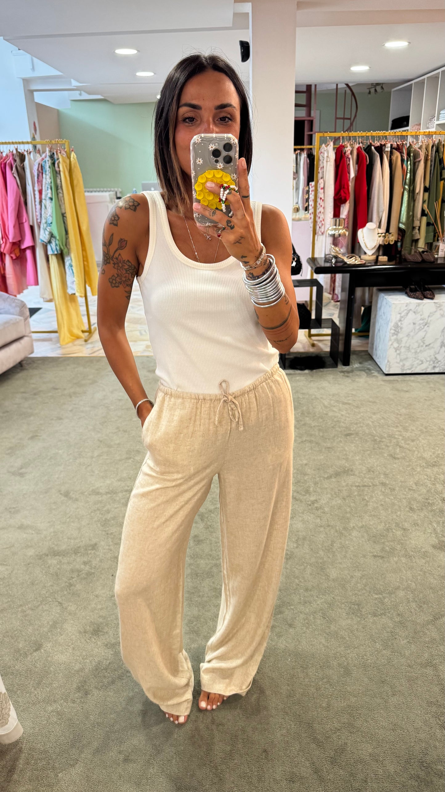 Pantaloni beige melange in lino con coulisse jx