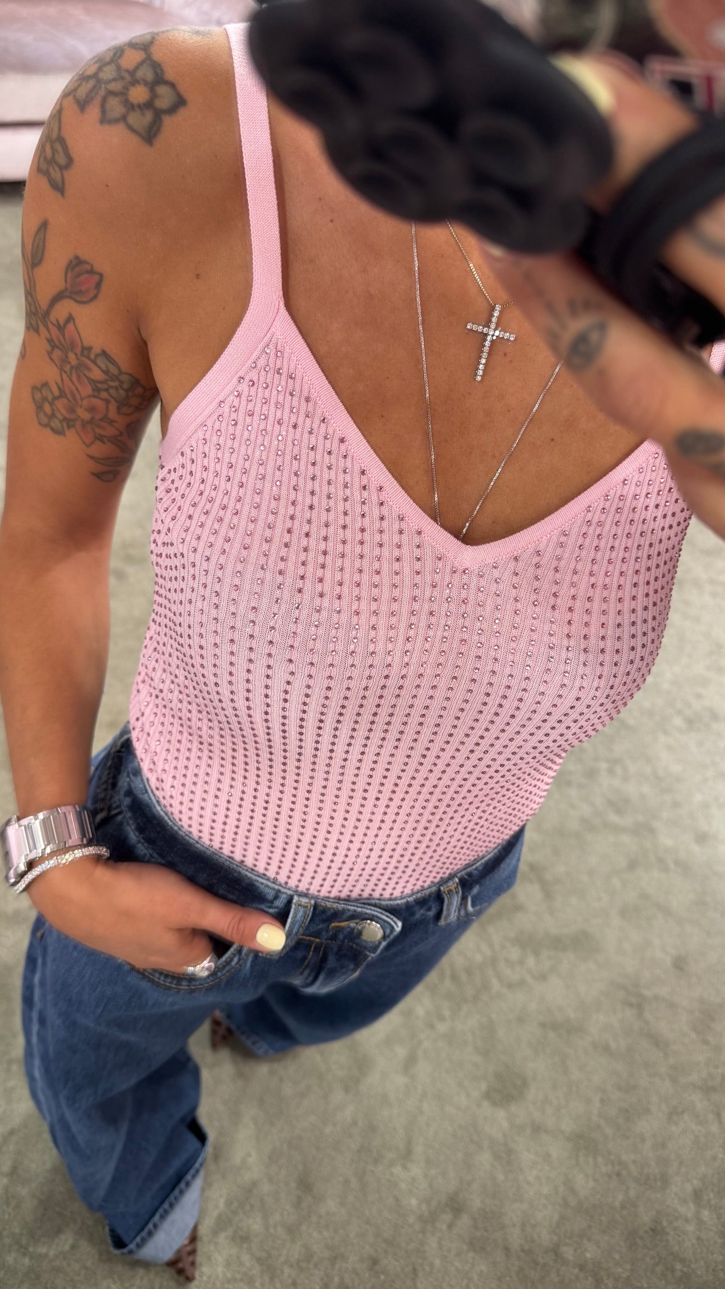 Canotta in maglia viscosa rosa spallina fine con cristalli fr