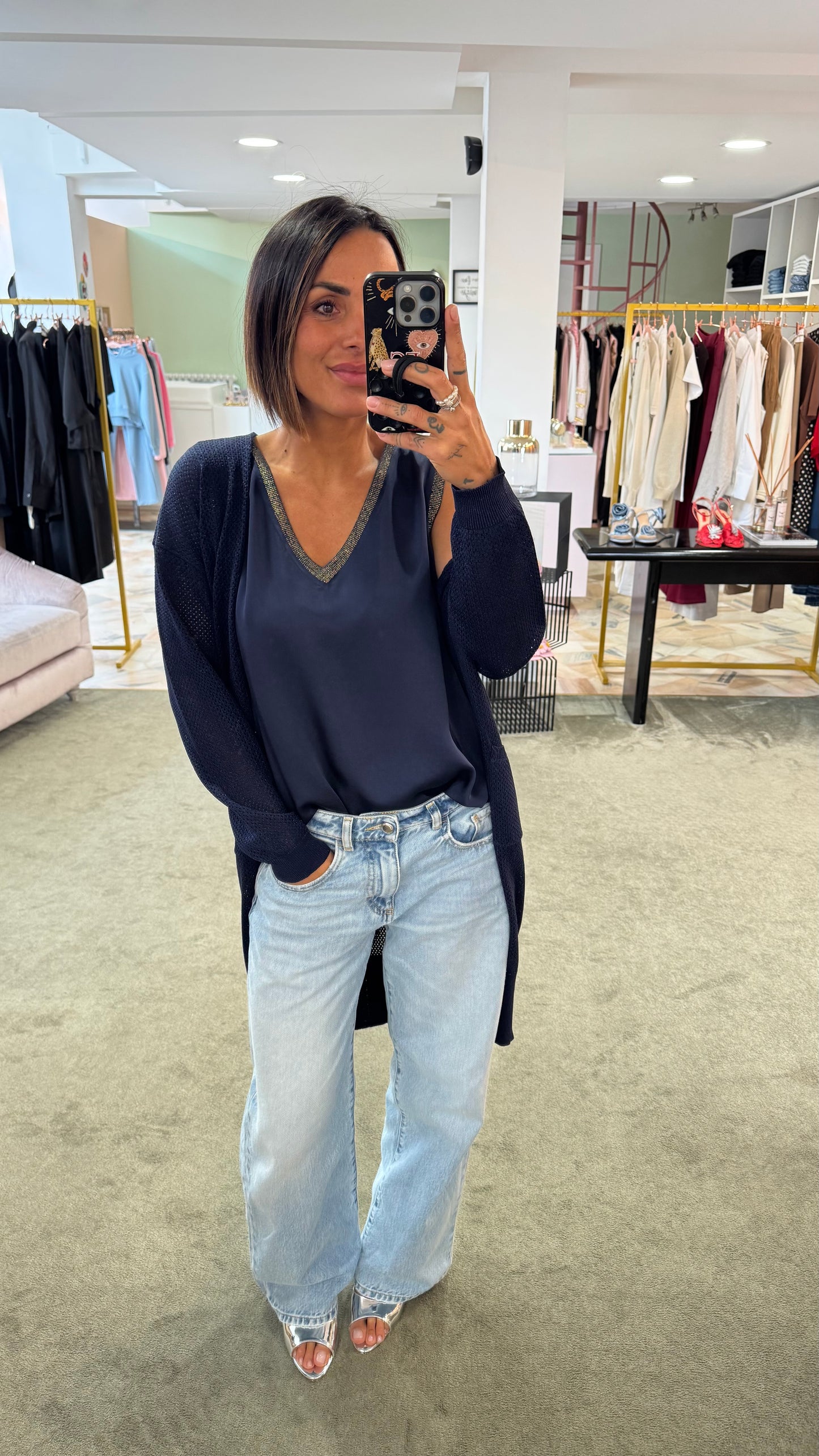 Cardigan lungo blu con tasche in lamè fr