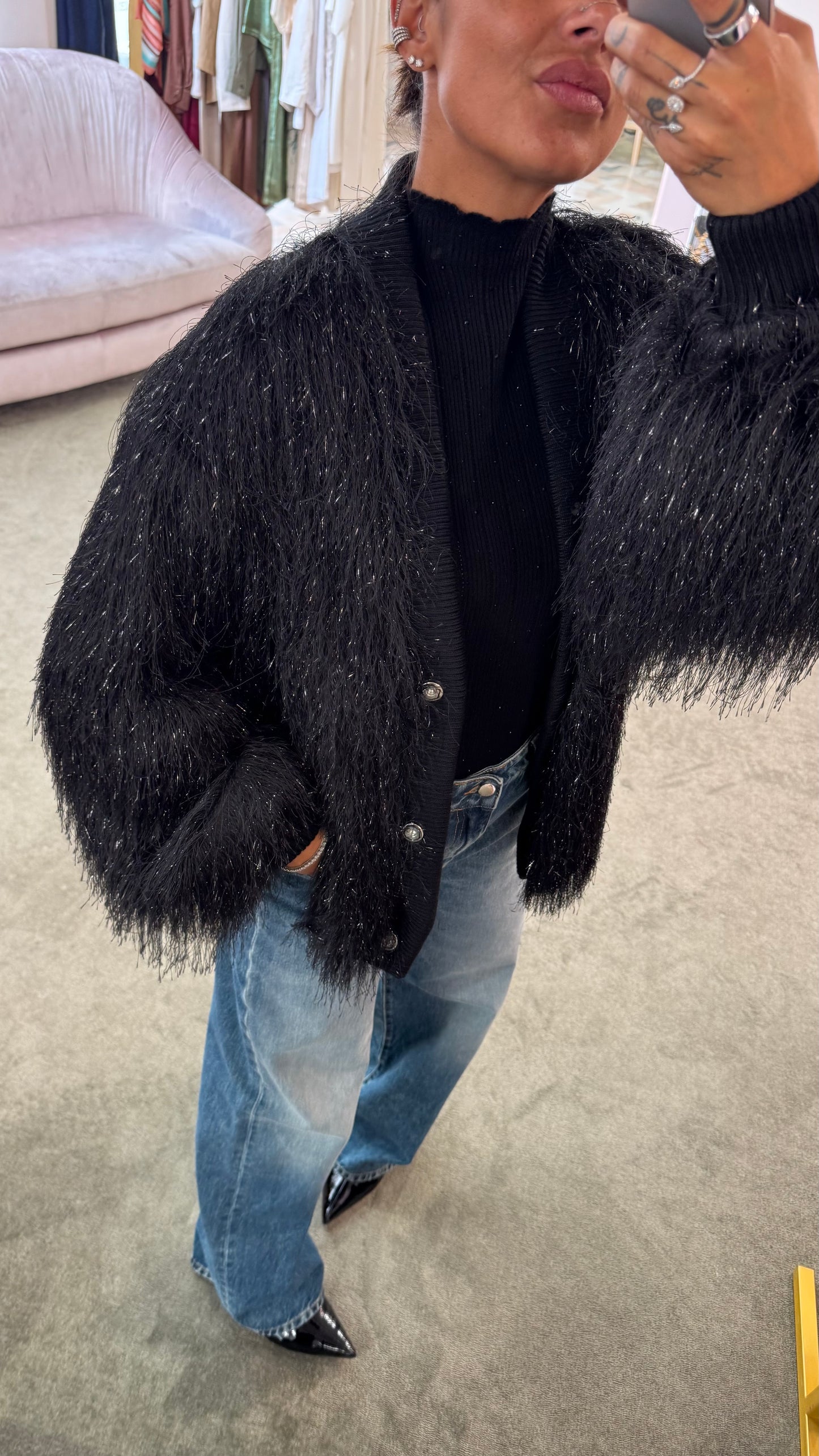 Cardigan bomber nero piume Actualee