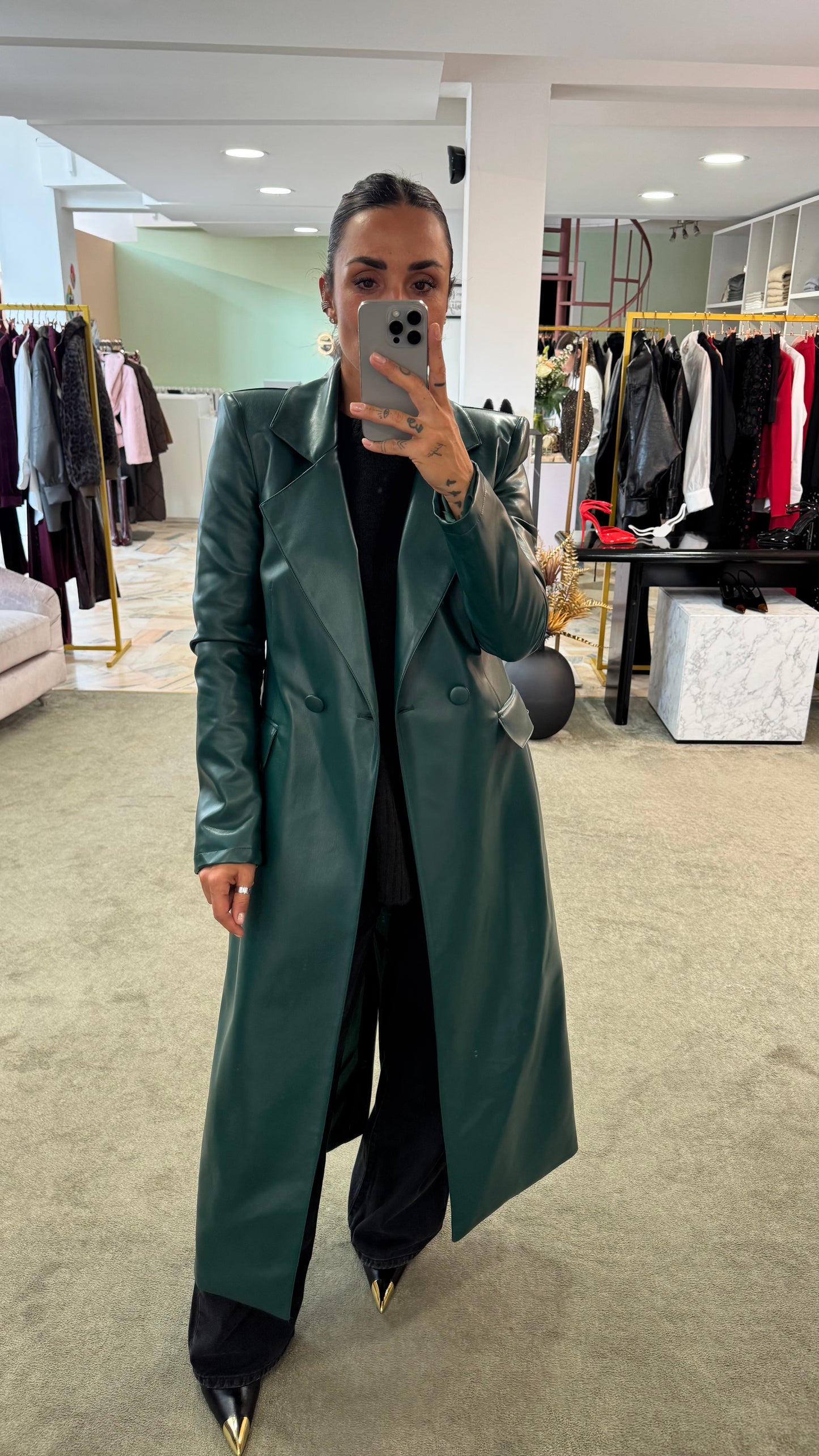 Cappotto lungo ecopelle verde ks