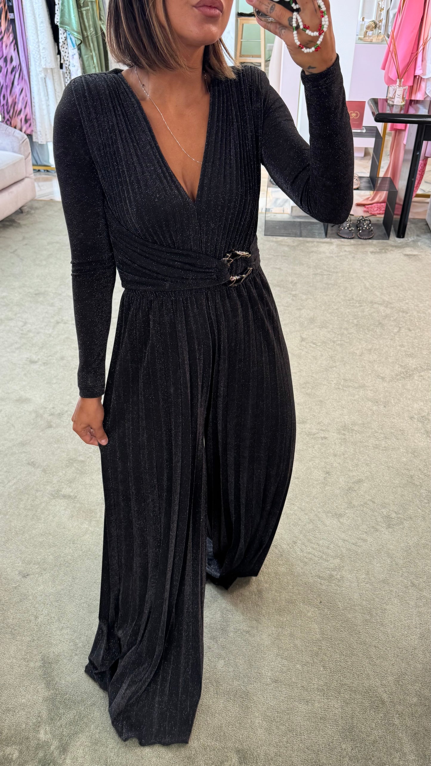 Jumpsuit nera lurex plisse’ in maglia fr