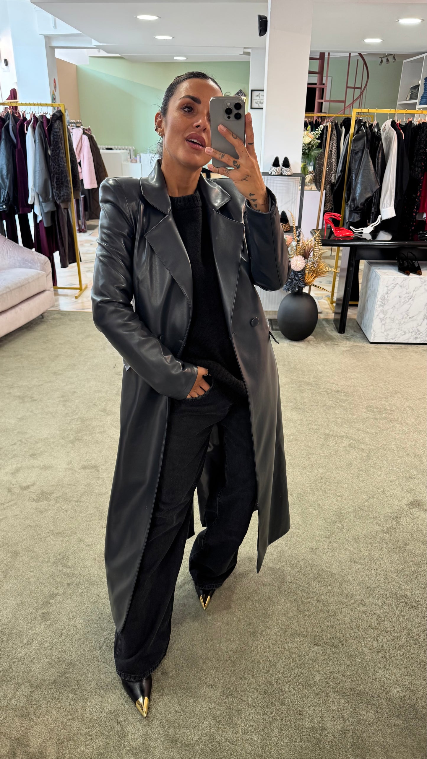 Cappotto lungo ecopelle grigio antracite ks