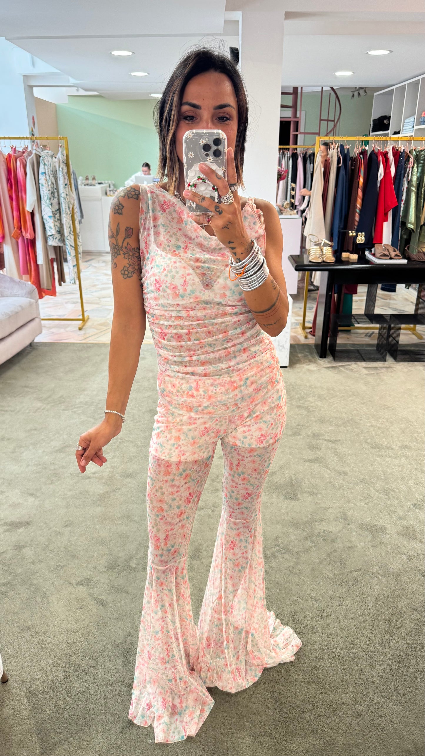 Completo canotta e pantalone in tulle a fiori ks