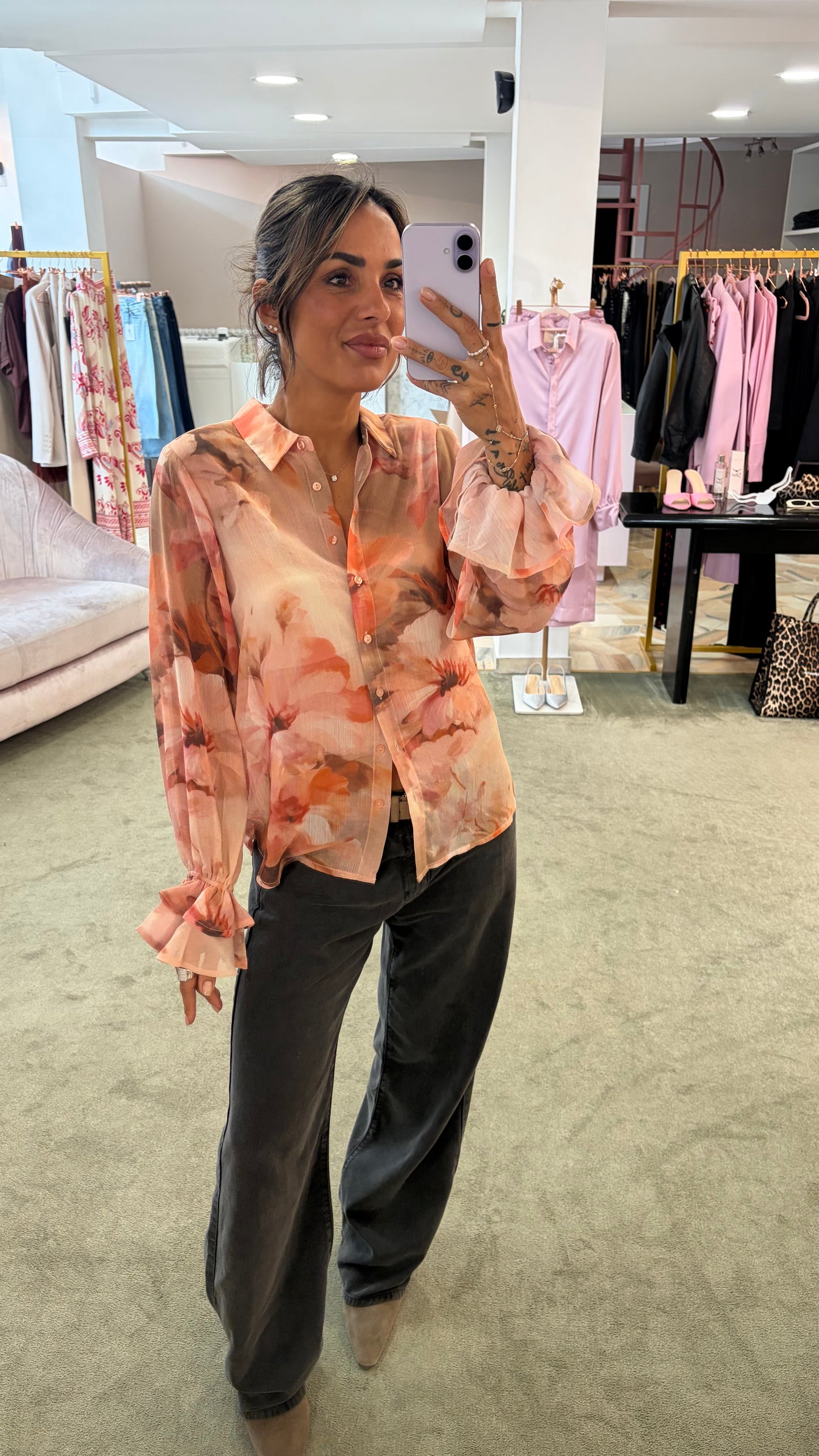 Camicia carmen pesca con fiori sy