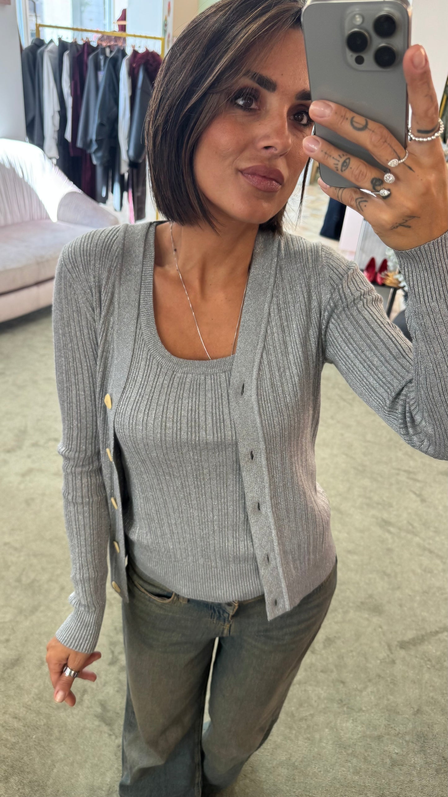 Set canotta e cardigan argento lurex a costine bj