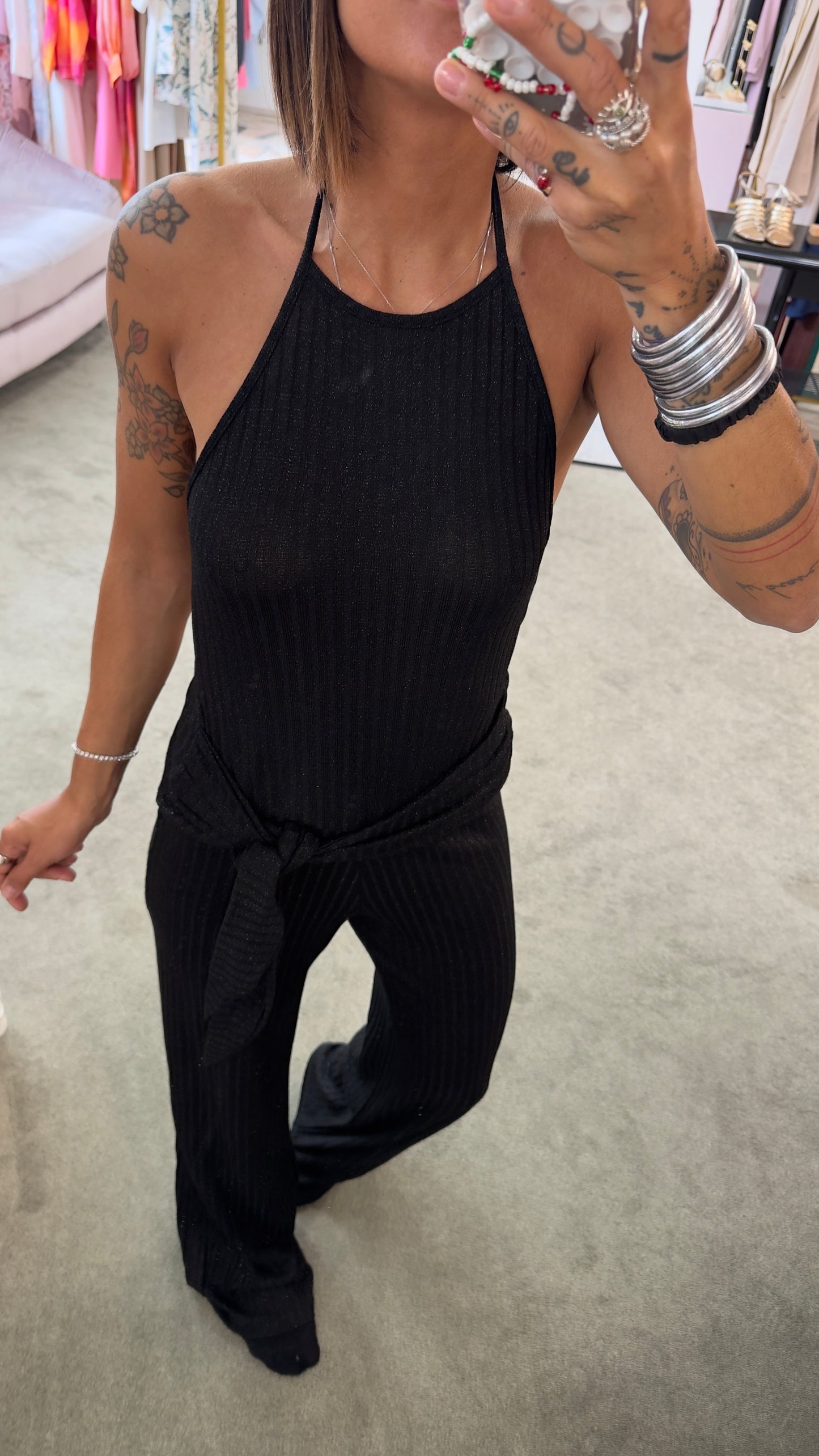 Jumpsuit nera in maglia a costine Cotazur