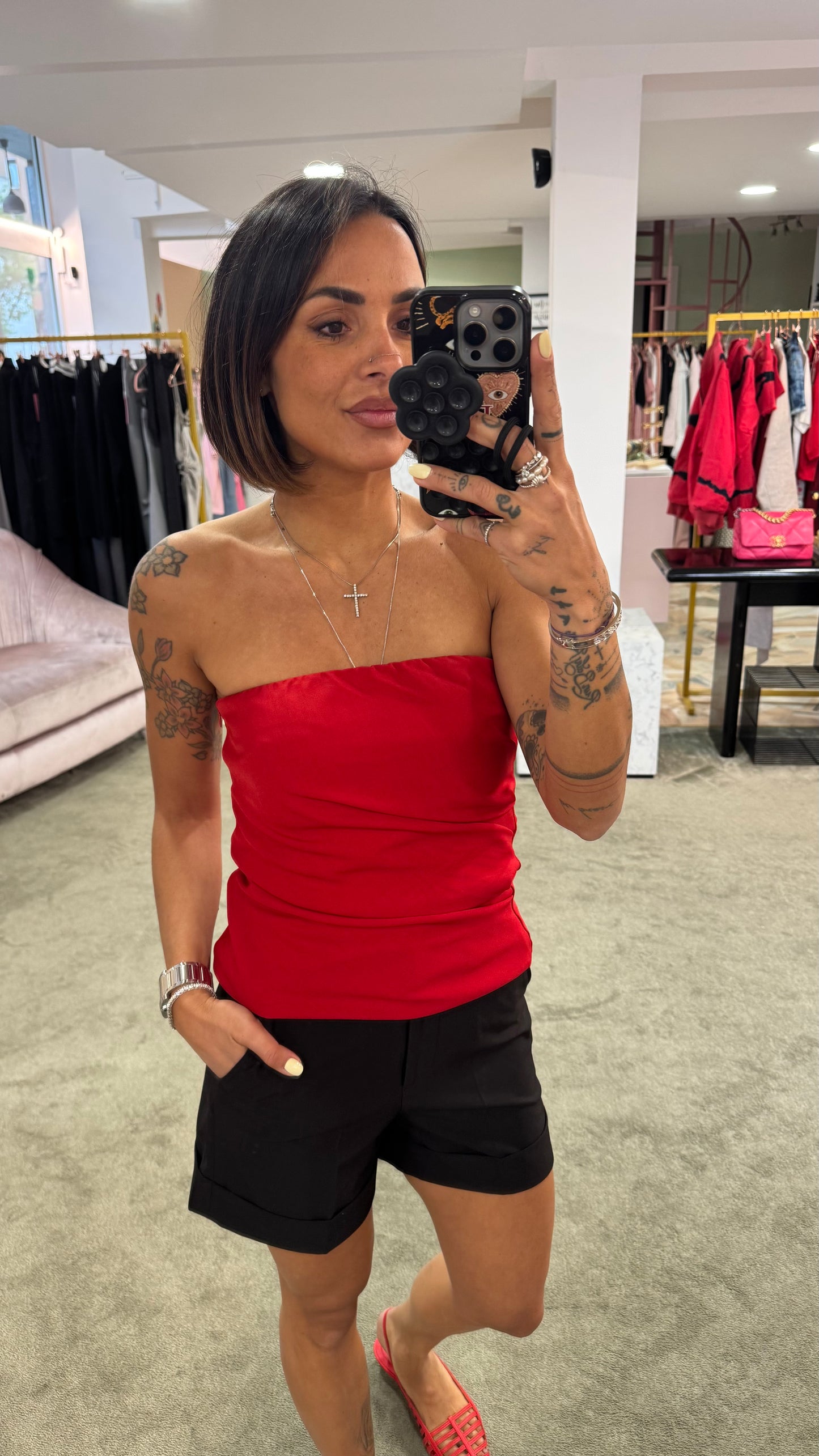 Top fascia rosso con arricciatura tessuto classico