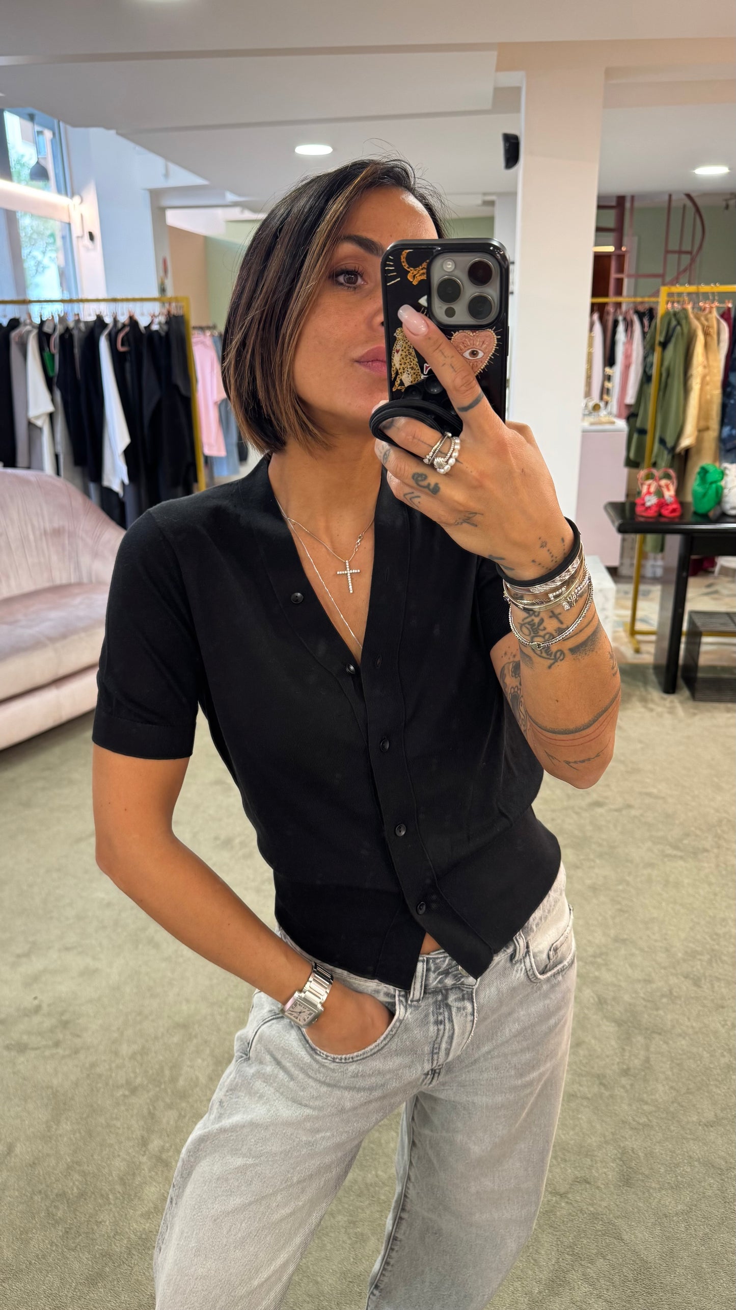 Cardigan luna nero manica corta pt